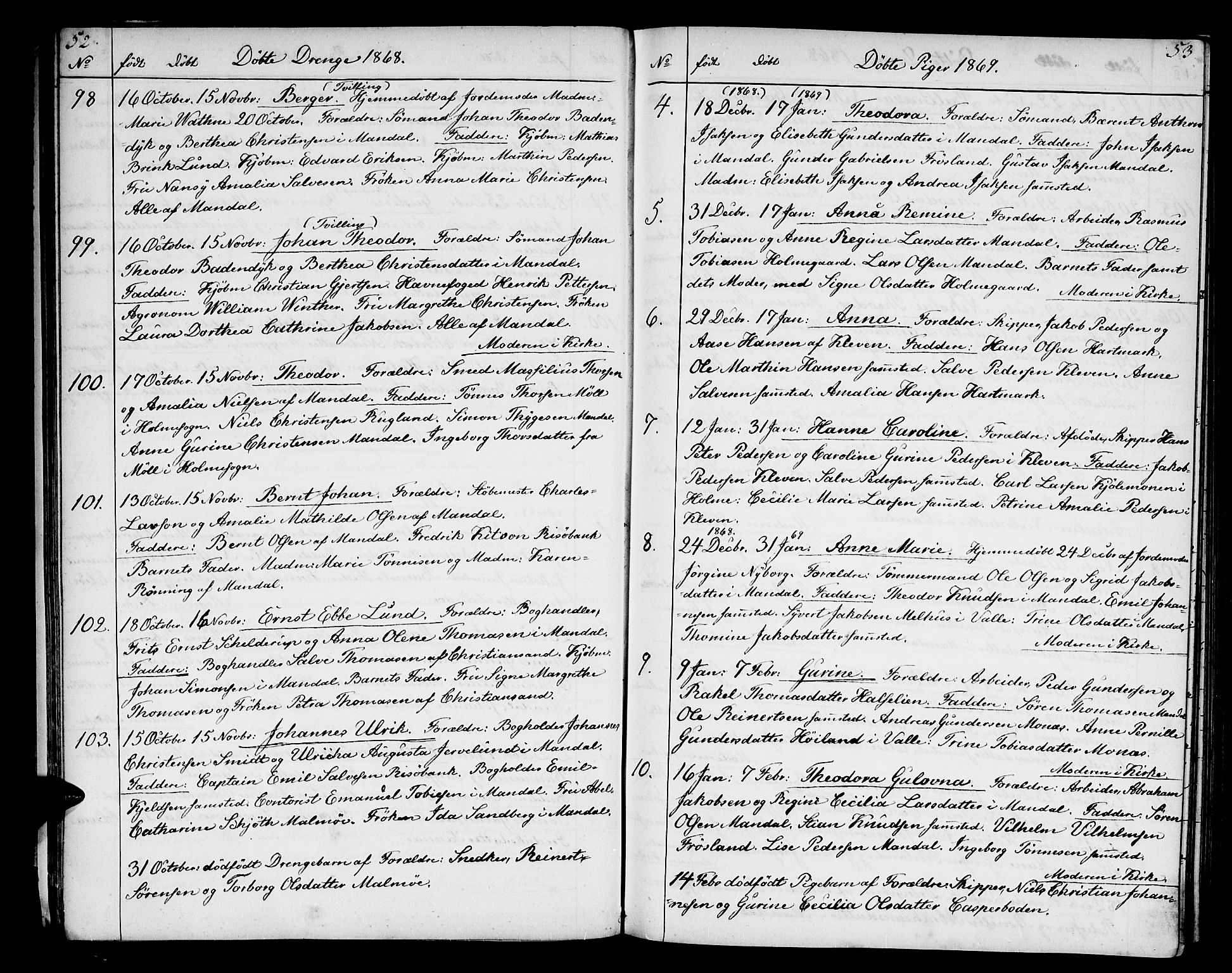 Mandal sokneprestkontor, AV/SAK-1111-0030/F/Fb/Fba/L0009: Parish register (copy) no. B 3, 1867-1877, p. 52-53