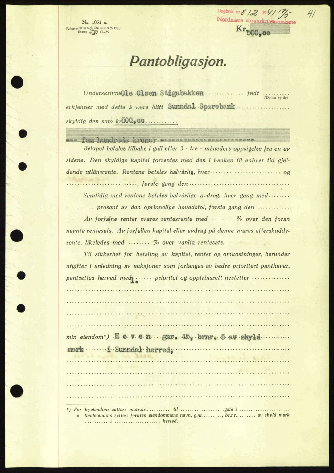 Nordmøre sorenskriveri, AV/SAT-A-4132/1/2/2Ca: Mortgage book no. B88, 1941-1942, Diary no: : 812/1941