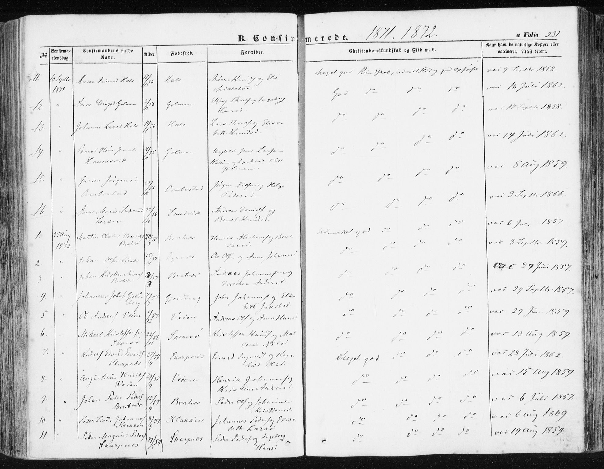 Ministerialprotokoller, klokkerbøker og fødselsregistre - Møre og Romsdal, AV/SAT-A-1454/581/L0937: Parish register (official) no. 581A05, 1853-1872, p. 231