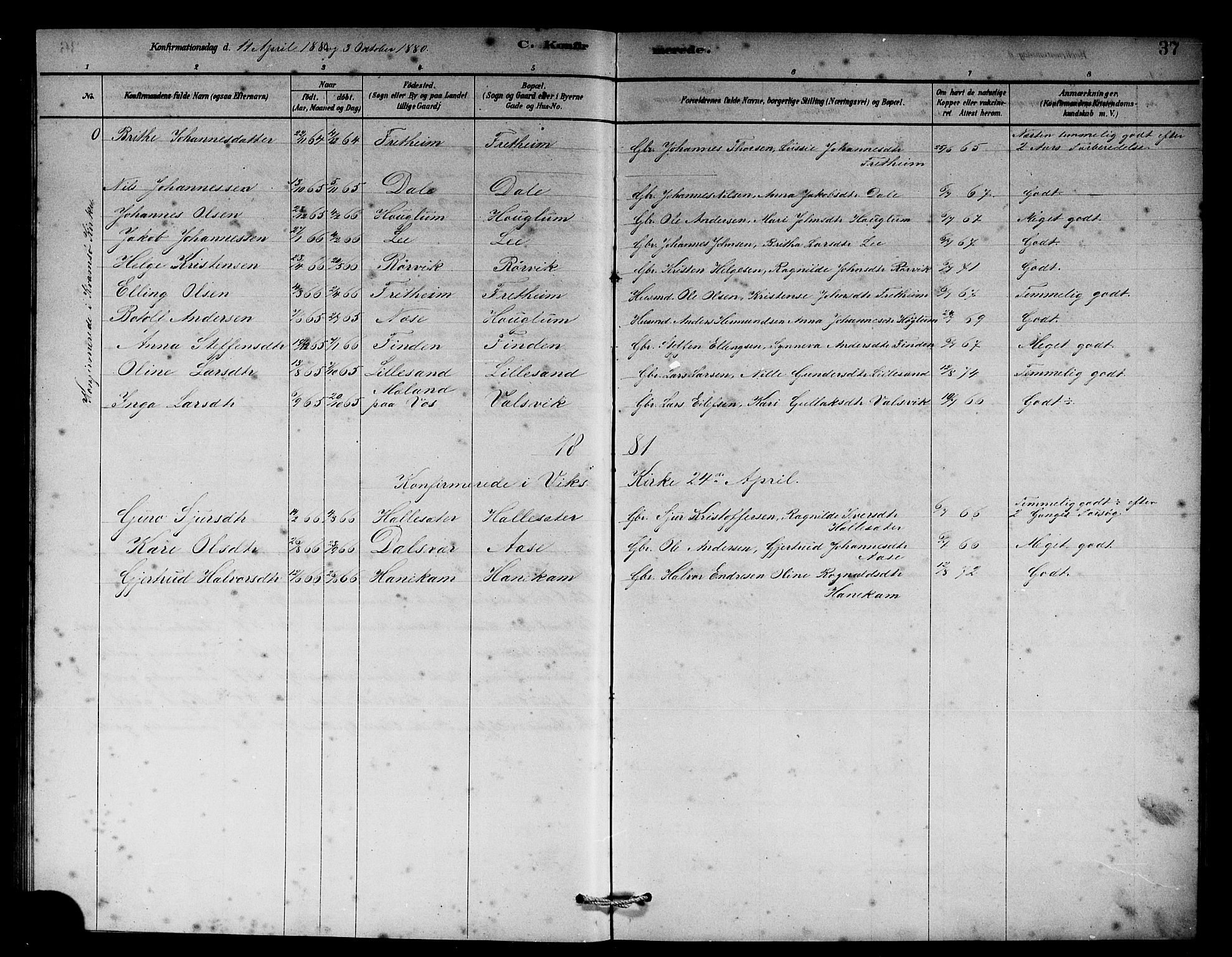 Vik sokneprestembete, SAB/A-81501: Parish register (copy) no. B 2, 1878-1893, p. 37