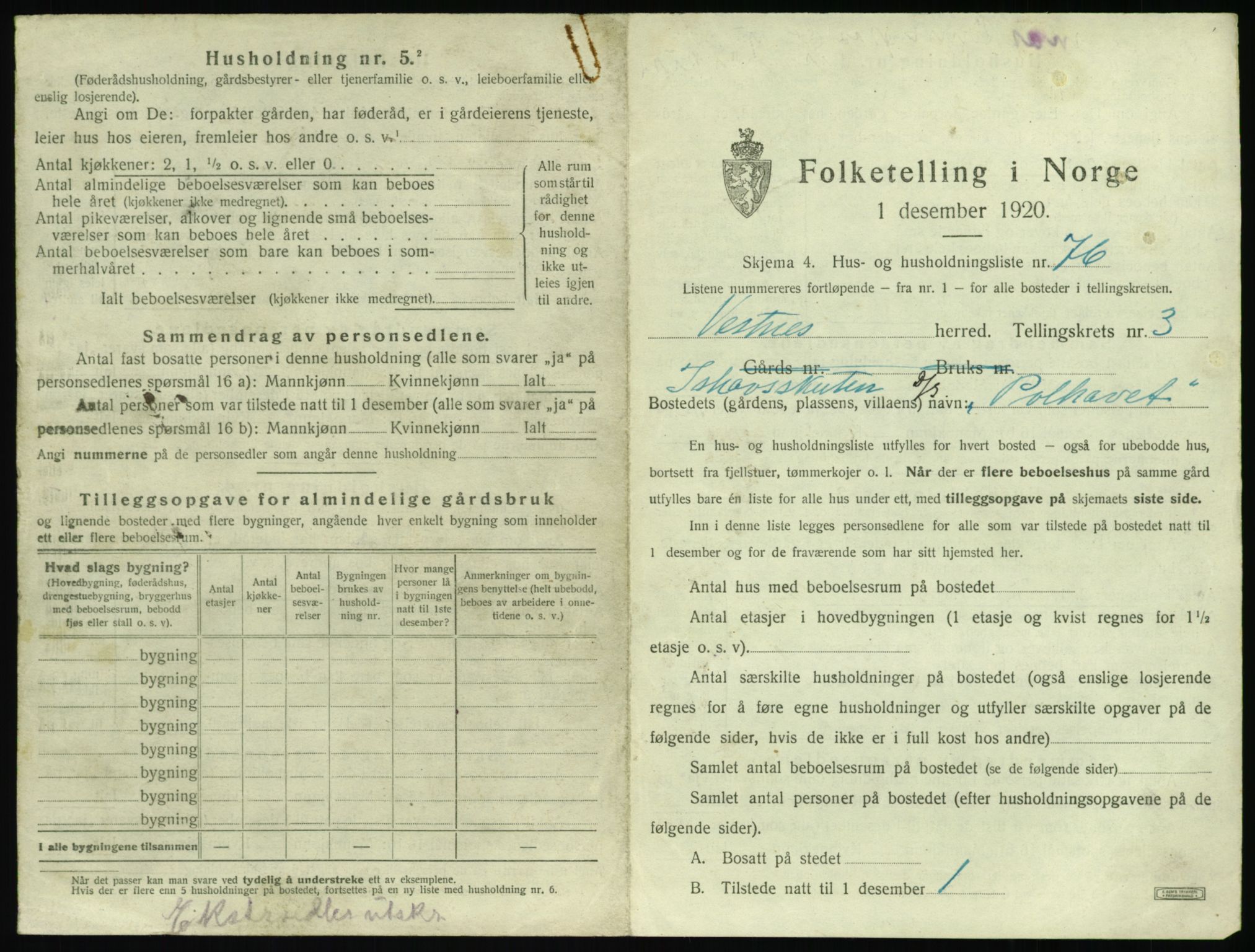 SAT, 1920 census for Vestnes, 1920, p. 463