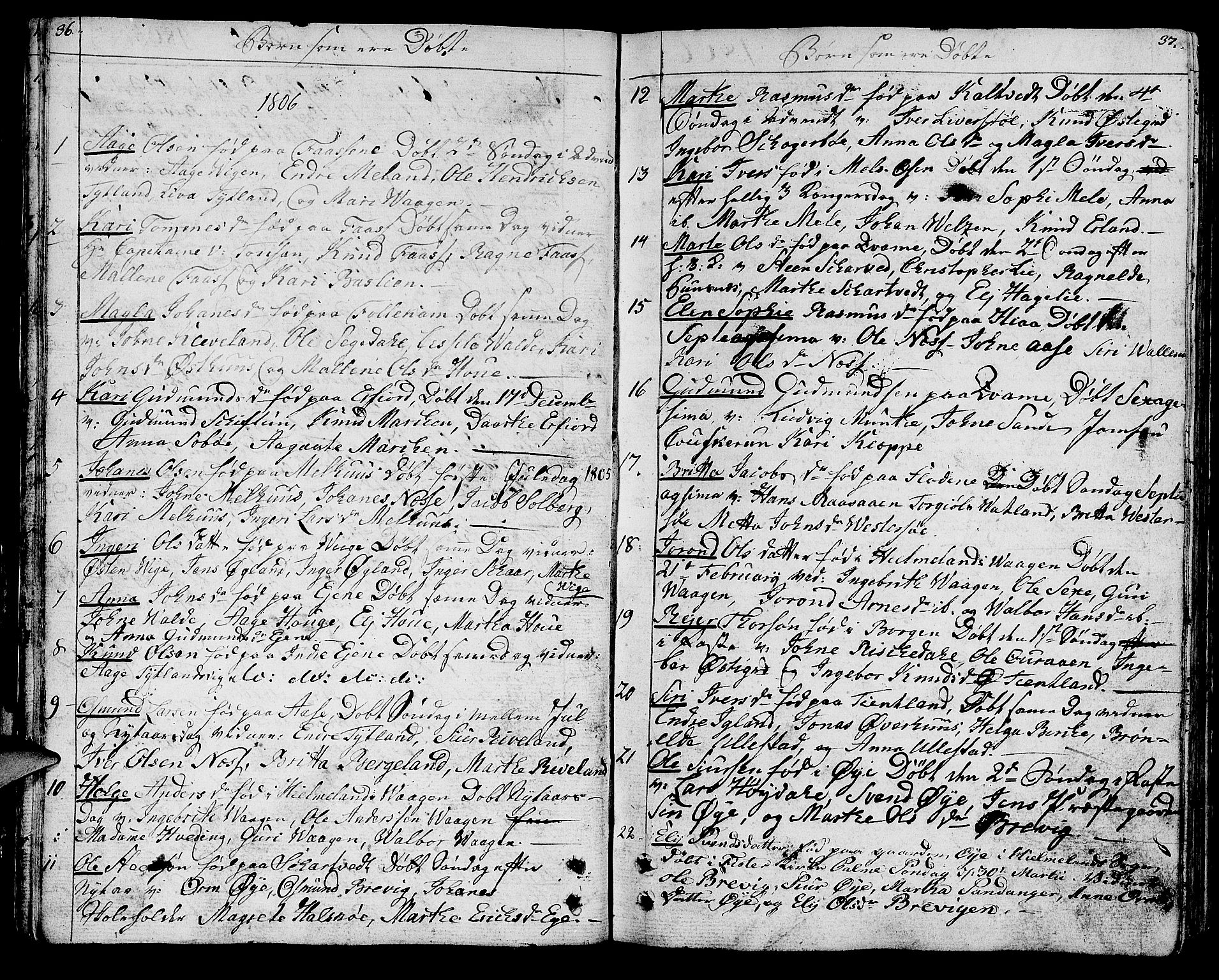 Hjelmeland sokneprestkontor, SAST/A-101843/01/IV/L0002: Parish register (official) no. A 2, 1799-1816, p. 36-37