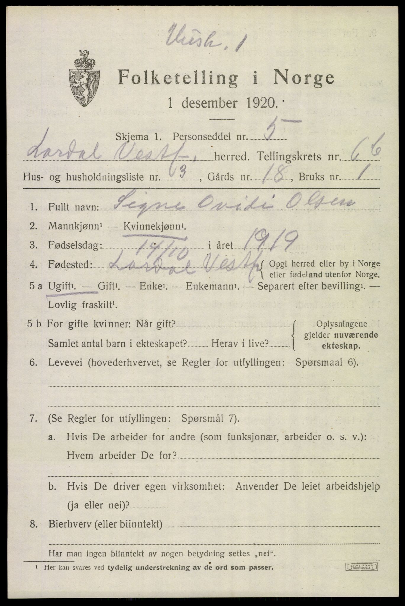 SAKO, 1920 census for Lardal, 1920, p. 5847