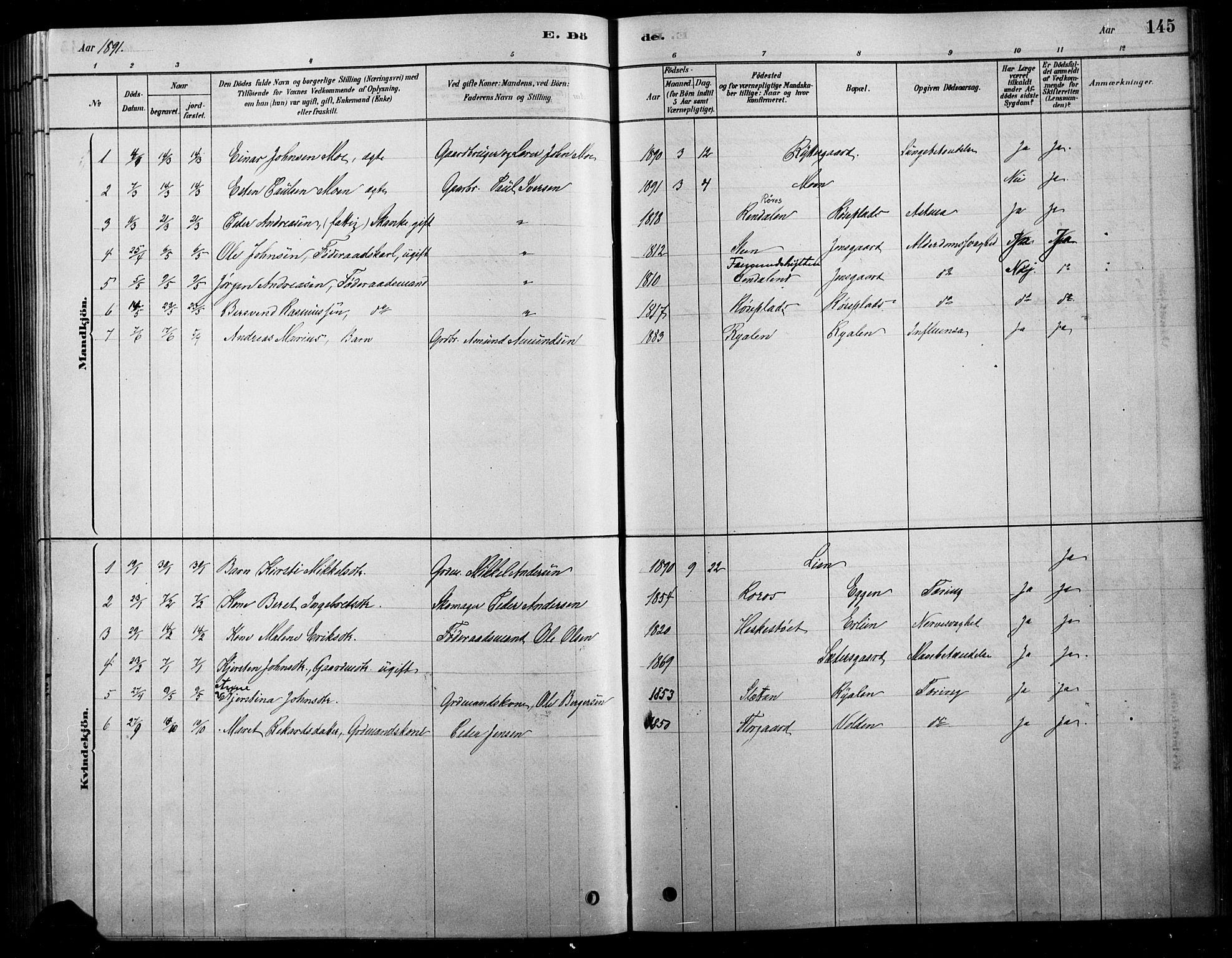 Tolga prestekontor, SAH/PREST-062/L/L0007: Parish register (copy) no. 7, 1878-1919, p. 145