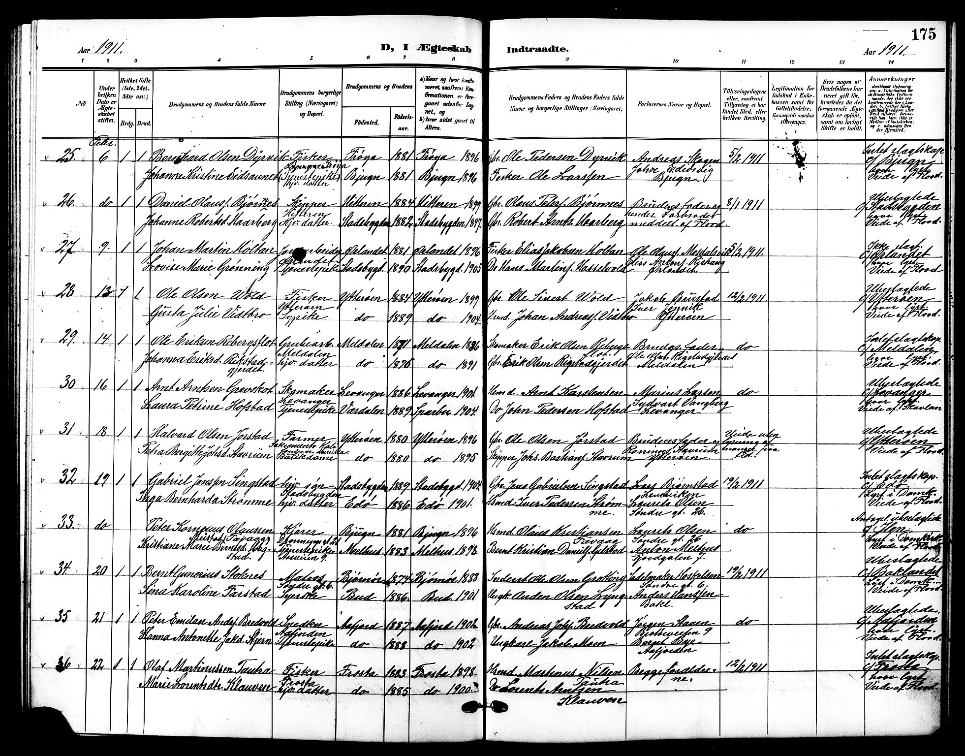 Ministerialprotokoller, klokkerbøker og fødselsregistre - Sør-Trøndelag, AV/SAT-A-1456/601/L0095: Parish register (copy) no. 601C13, 1902-1911, p. 175