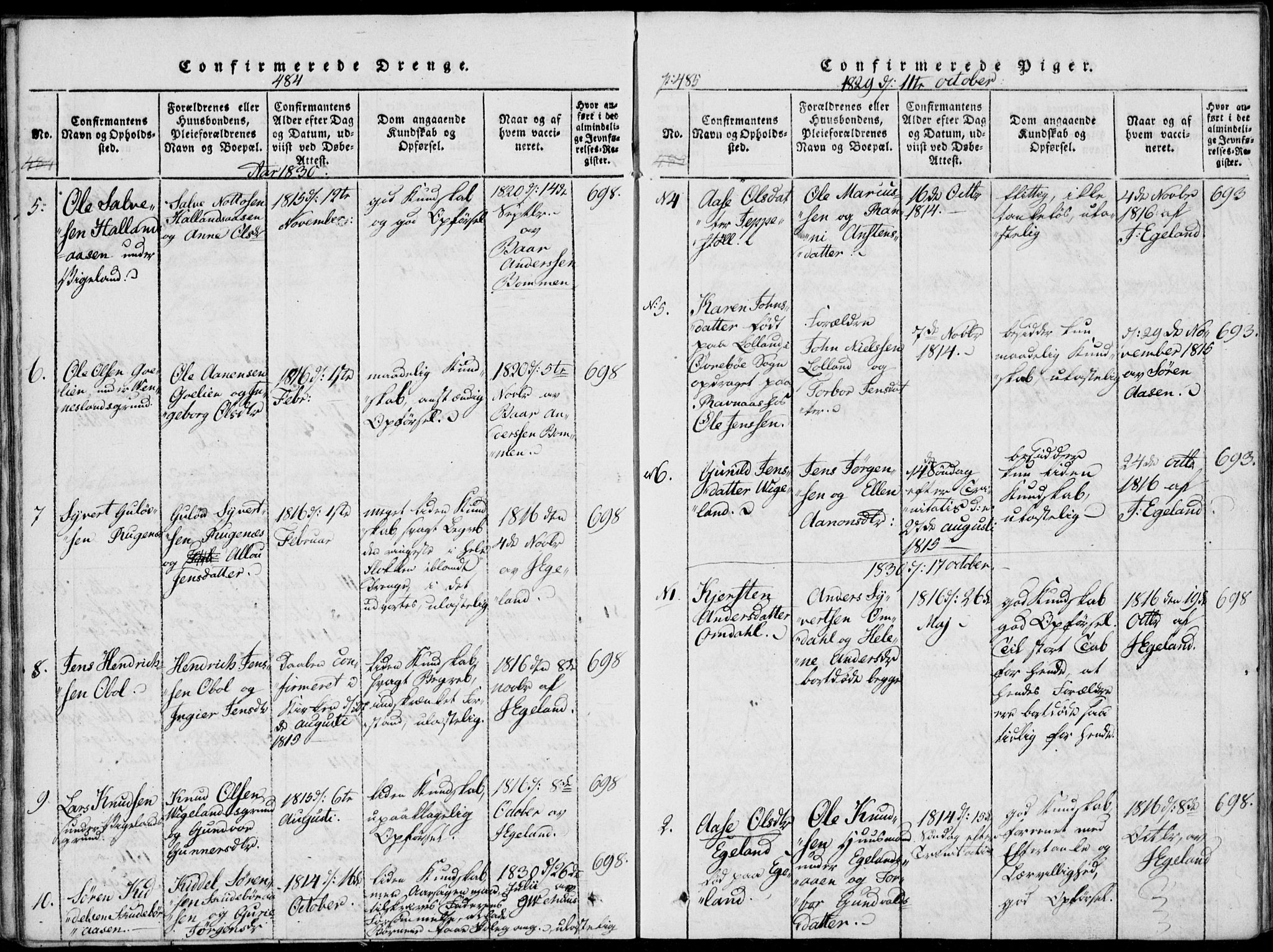 Vennesla sokneprestkontor, AV/SAK-1111-0045/Fa/Fab/L0003: Parish register (official) no. A 3, 1820-1834, p. 484-485