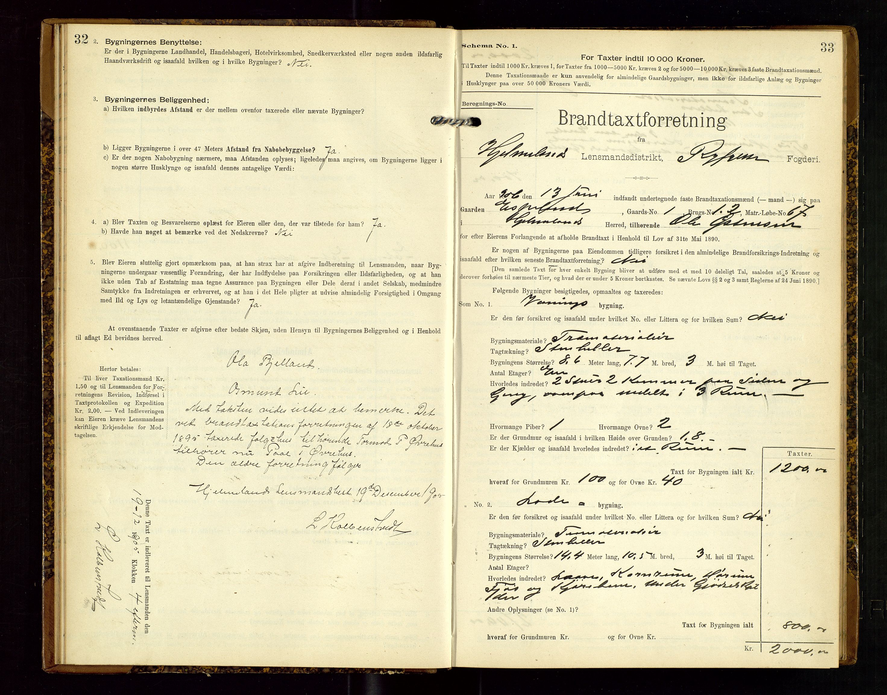 Hjelmeland lensmannskontor, AV/SAST-A-100439/Gob/L0002: "Brandtaxationsprotokol", 1904-1920, p. 32-33