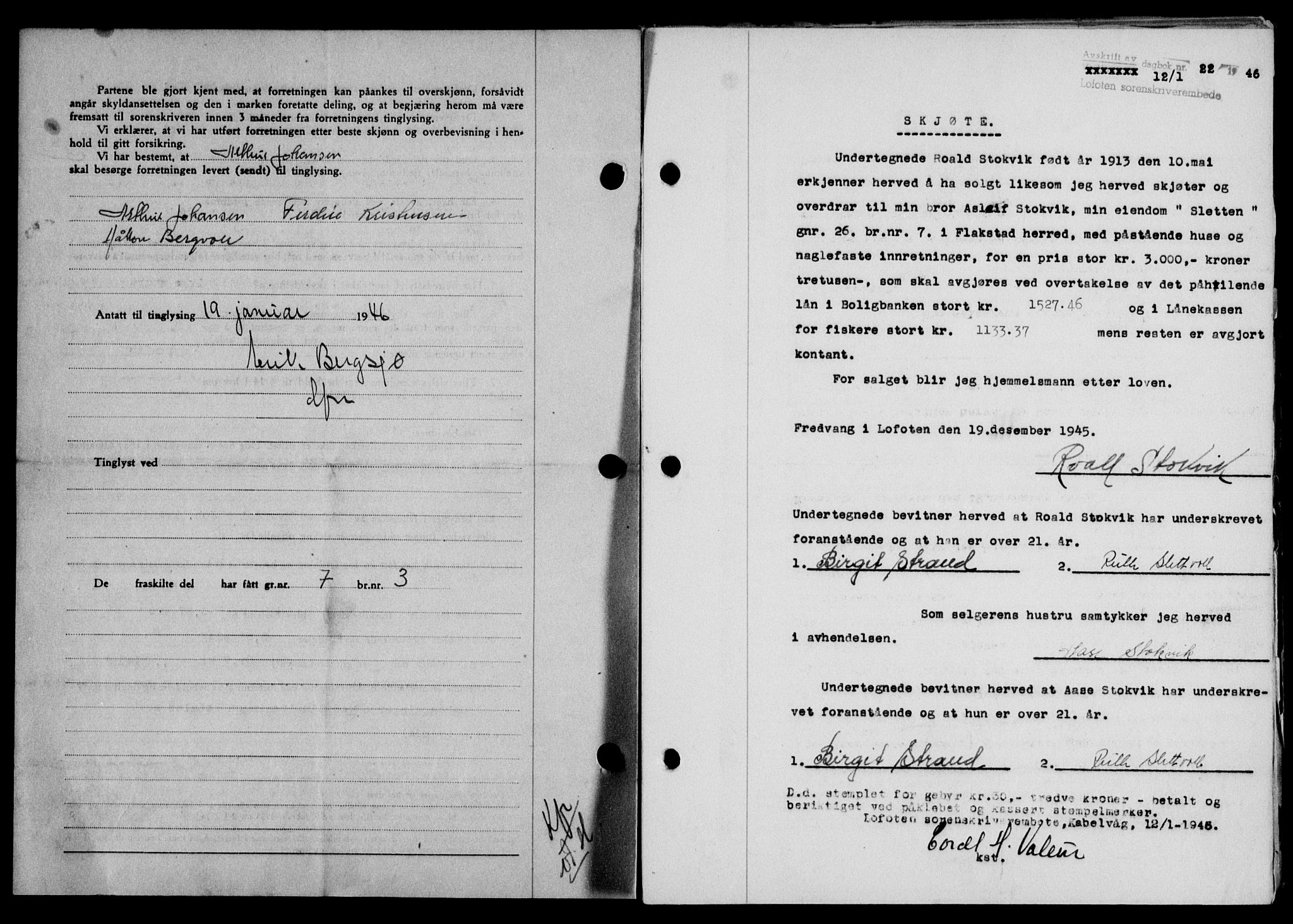 Lofoten sorenskriveri, SAT/A-0017/1/2/2C/L0013a: Mortgage book no. 13a, 1944-1946, Diary no: : 22/1946