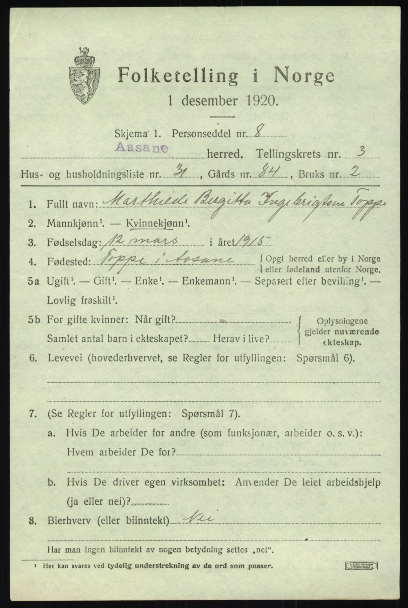 SAB, 1920 census for Åsane, 1920, p. 2441