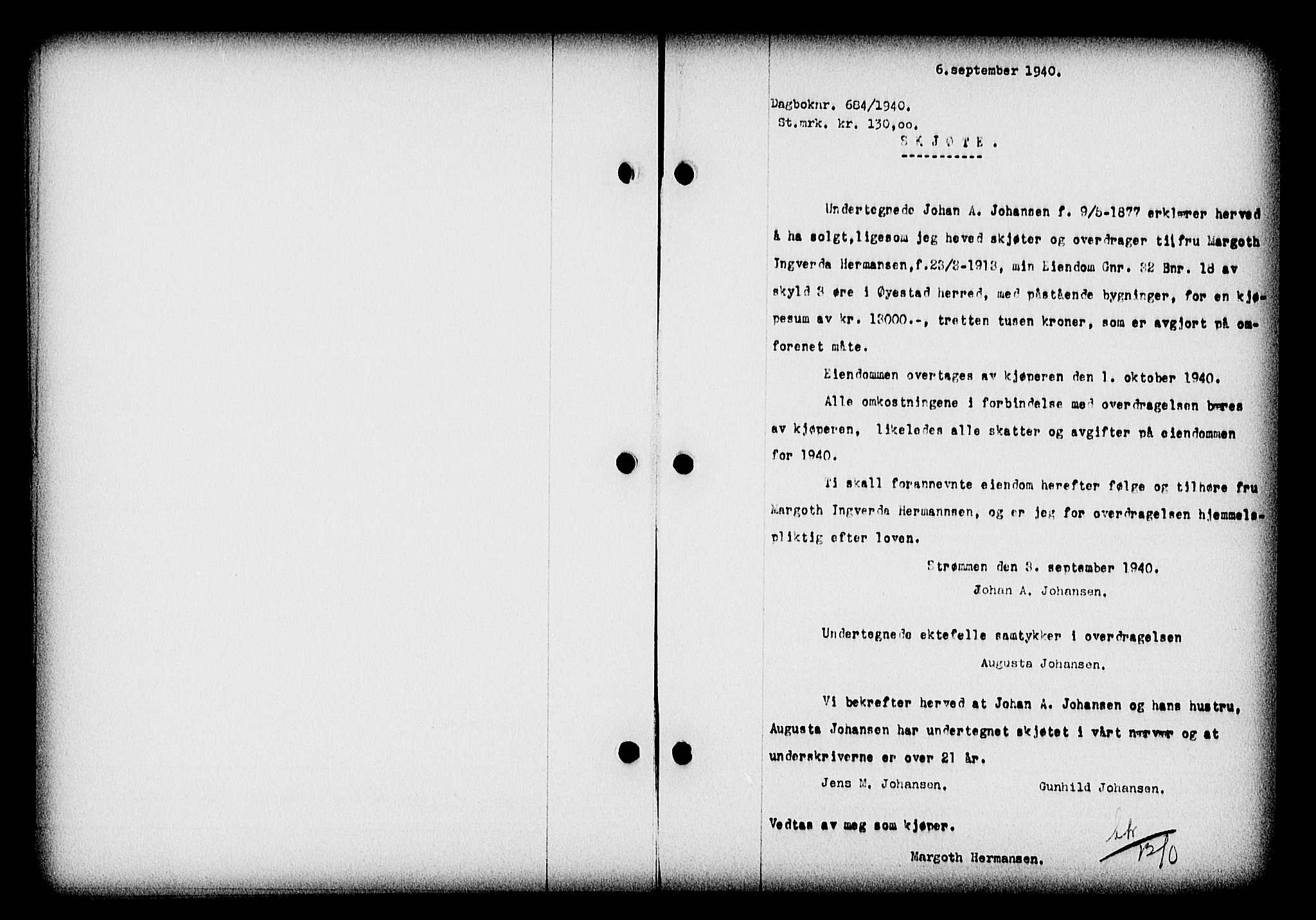 Nedenes sorenskriveri, AV/SAK-1221-0006/G/Gb/Gba/L0047: Mortgage book no. A-I, 1939-1940, Diary no: : 684/1940