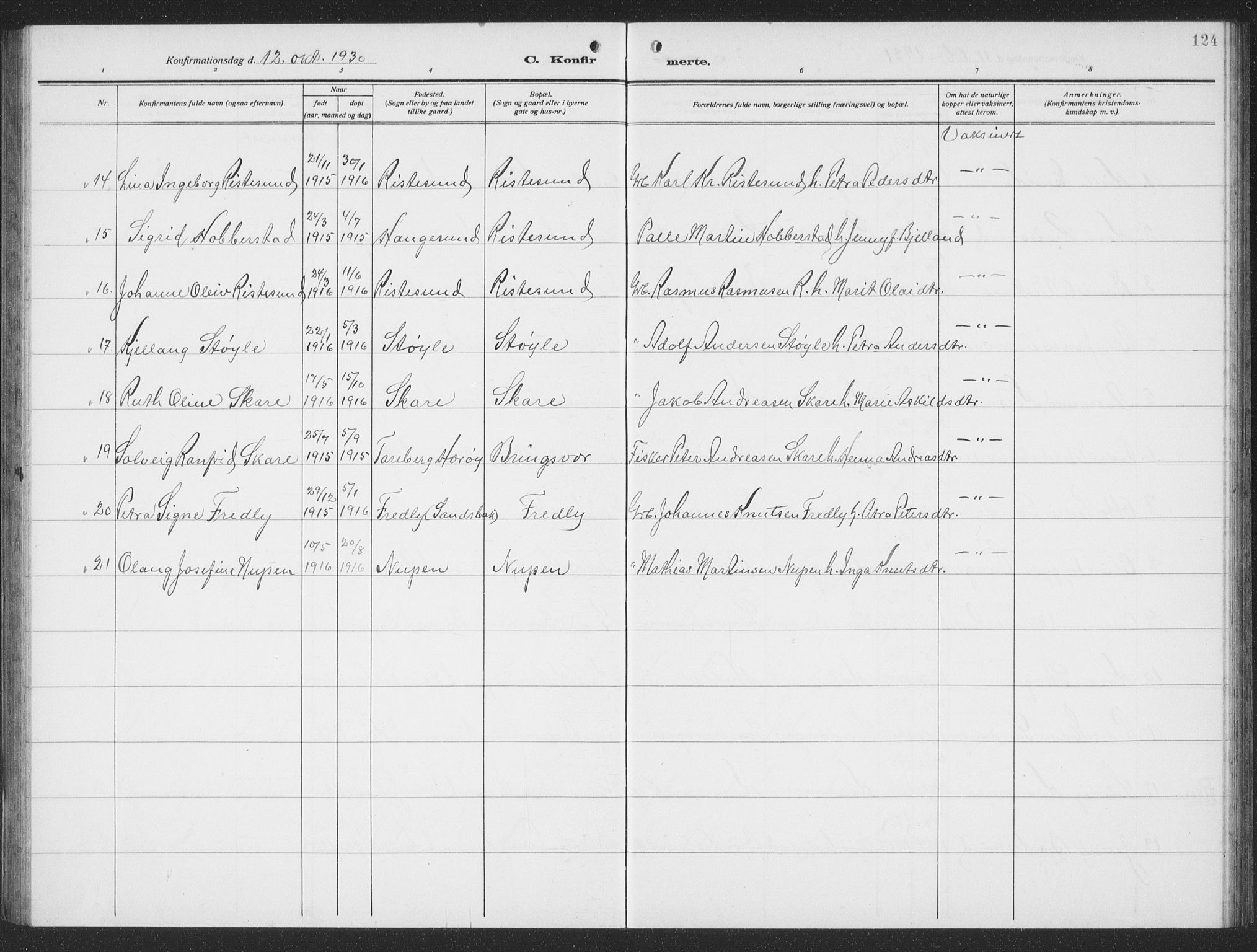 Ministerialprotokoller, klokkerbøker og fødselsregistre - Møre og Romsdal, AV/SAT-A-1454/503/L0051: Parish register (copy) no. 503C06, 1923-1938, p. 124