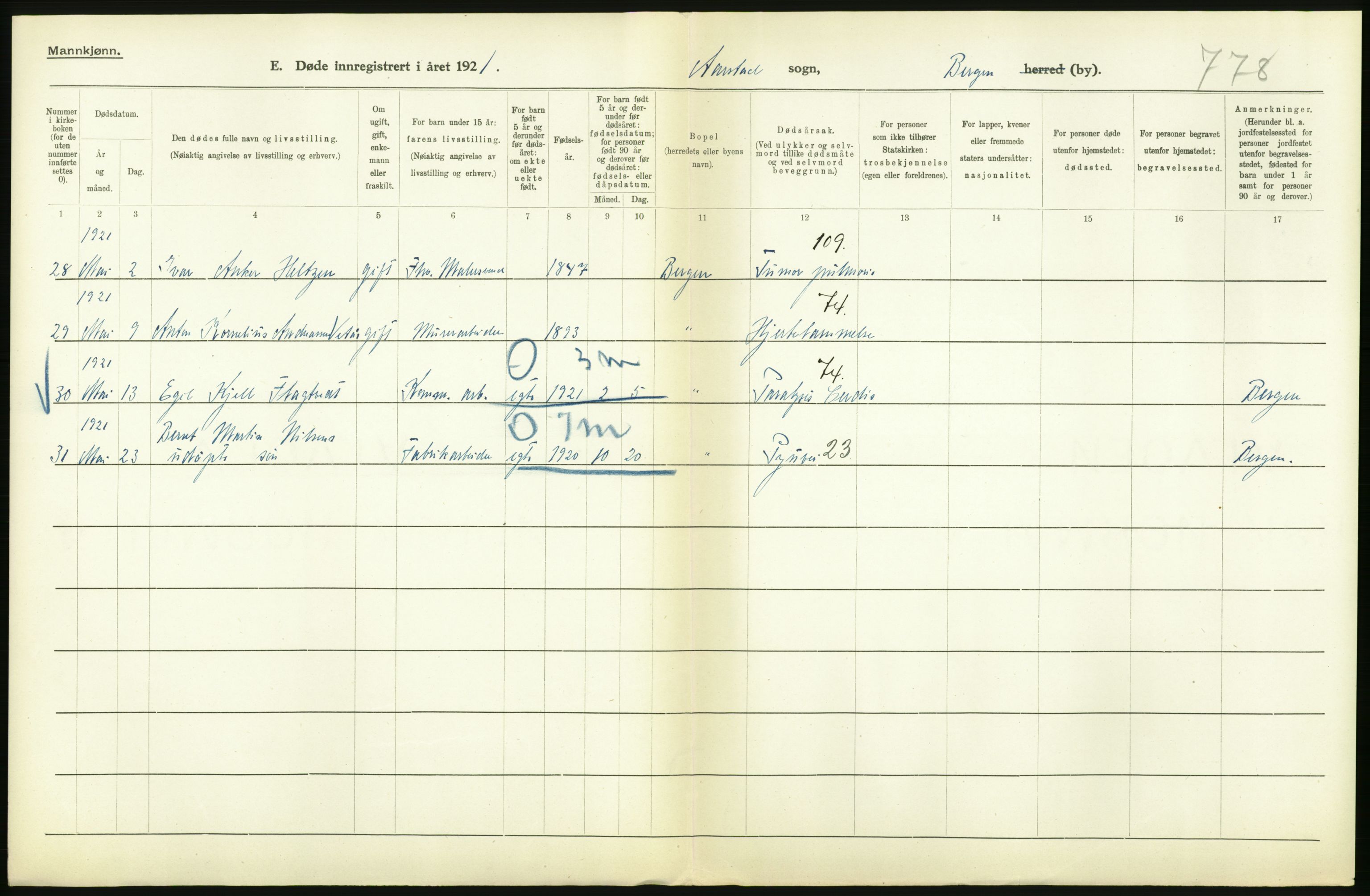 Statistisk sentralbyrå, Sosiodemografiske emner, Befolkning, AV/RA-S-2228/D/Df/Dfc/Dfca/L0036: Bergen: Døde., 1921, p. 126