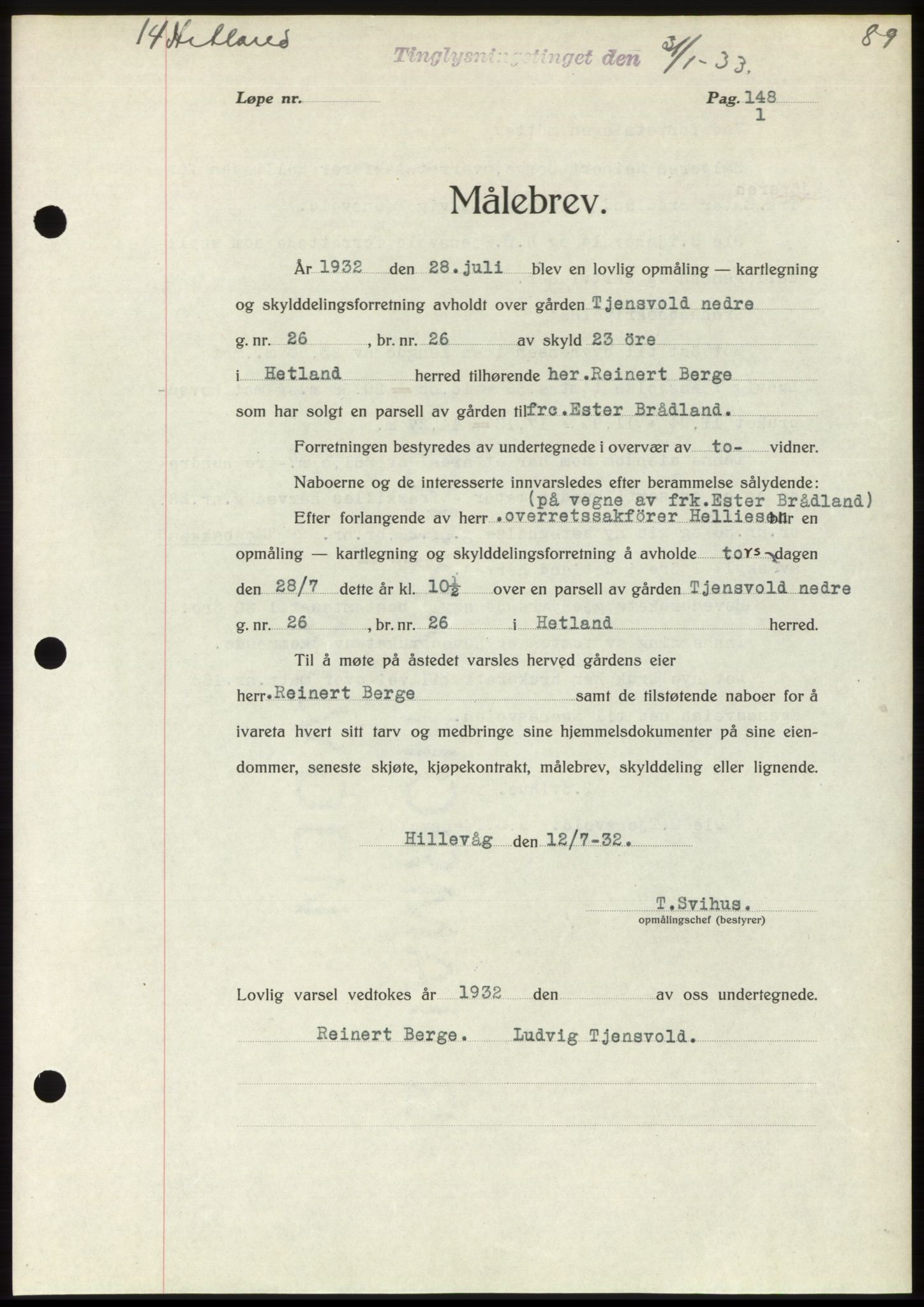 Jæren sorenskriveri, SAST/A-100310/03/G/Gba/L0060: Mortgage book no. 60, 1932-1933, Deed date: 31.01.1933