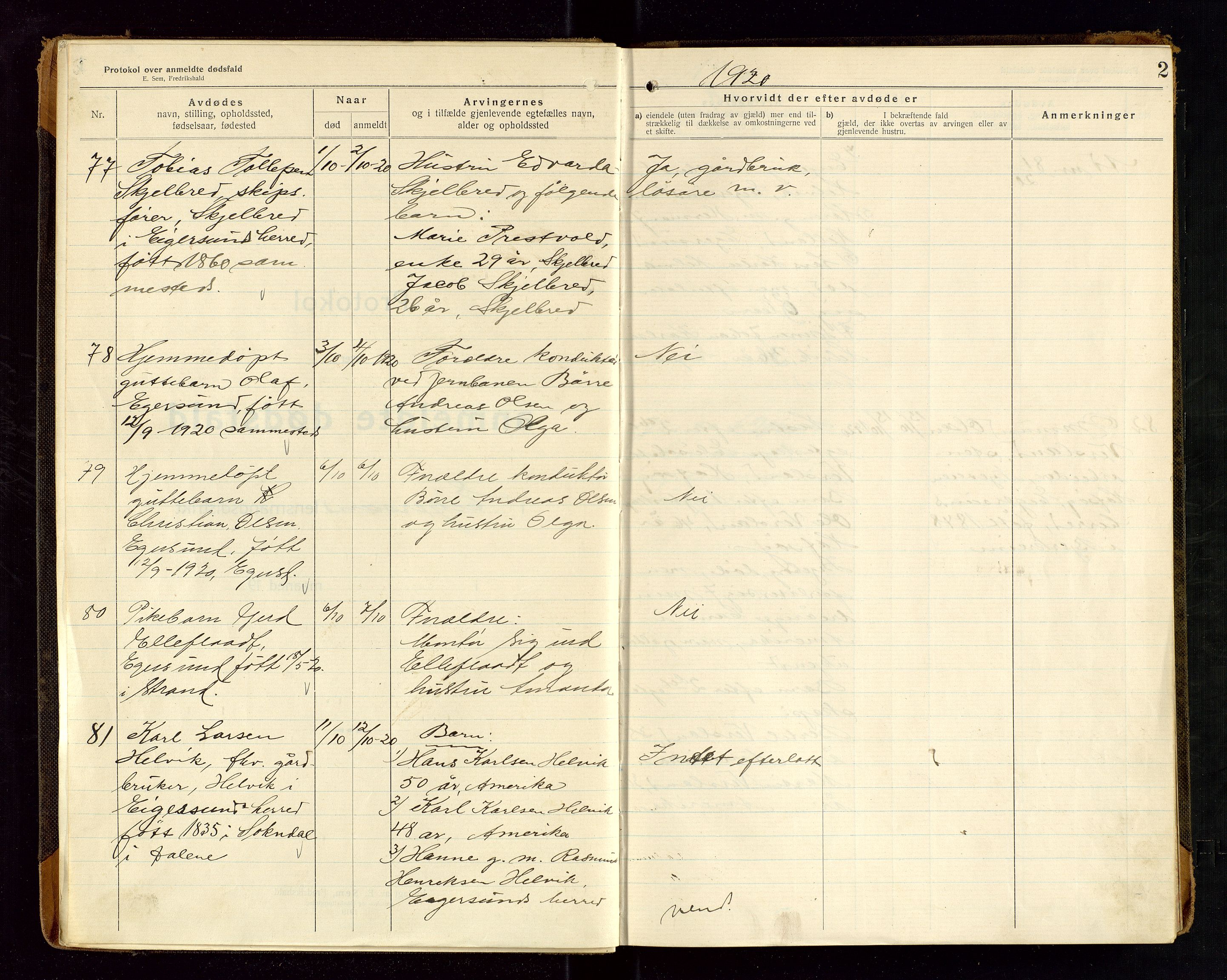 Eigersund lensmannskontor, SAST/A-100171/Gga/L0008: "Protokol over anmeldte dødsfald" m/alfabetisk navneregister, 1920-1922, p. 2