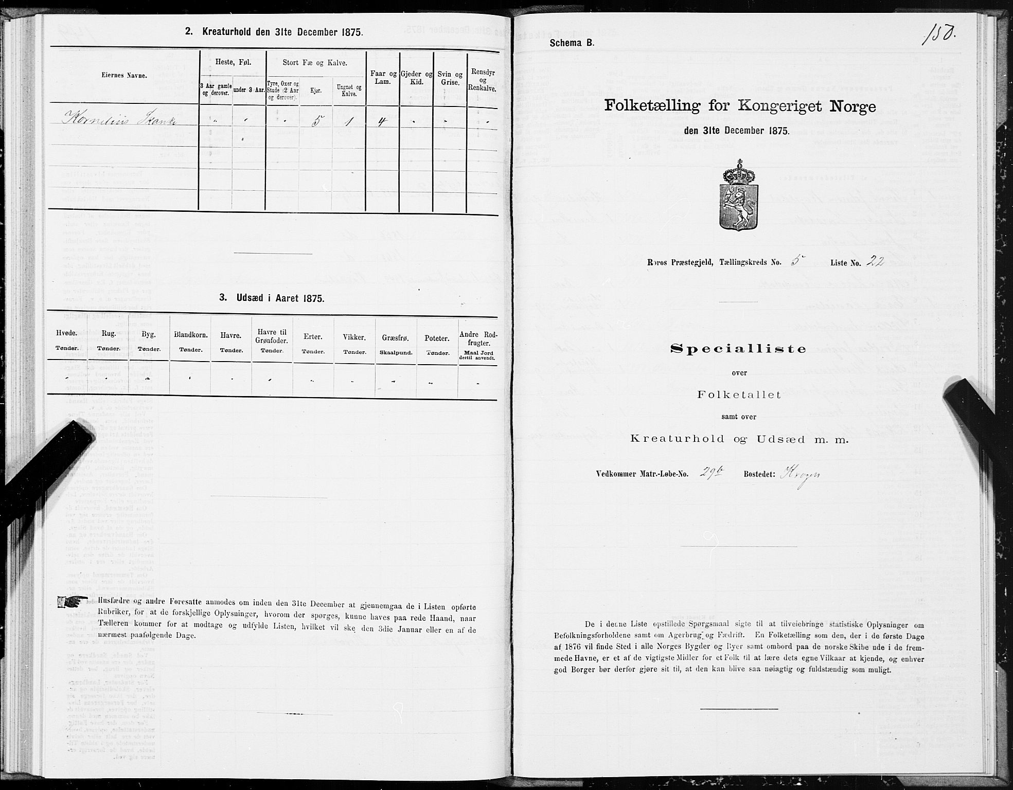 SAT, 1875 census for 1640P Røros, 1875, p. 3150