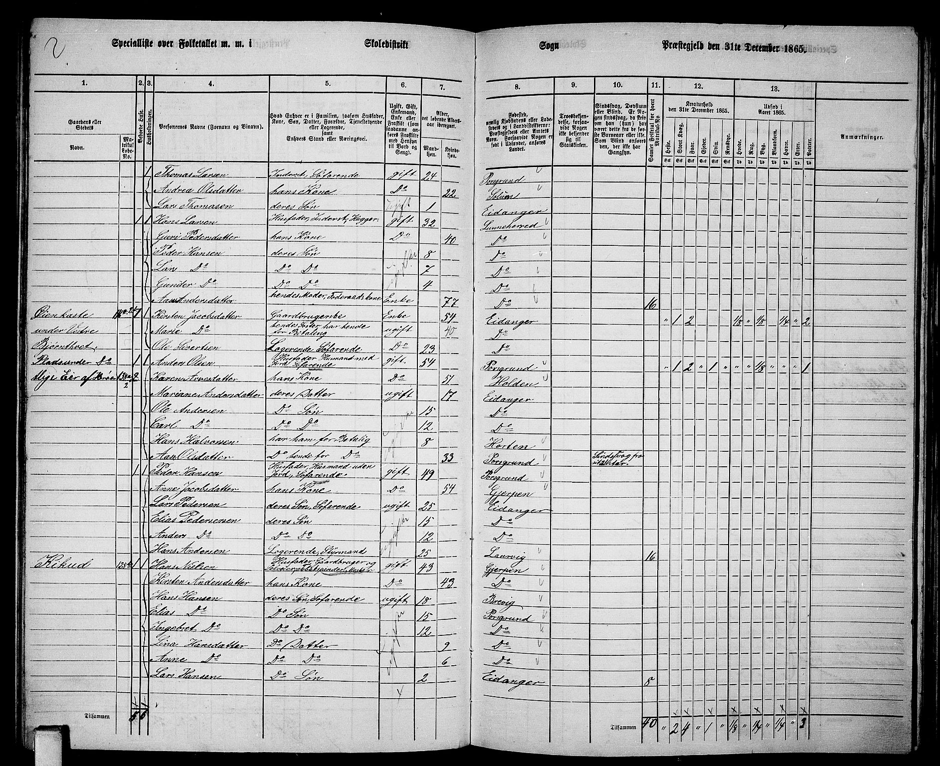 RA, 1865 census for Eidanger, 1865, p. 70