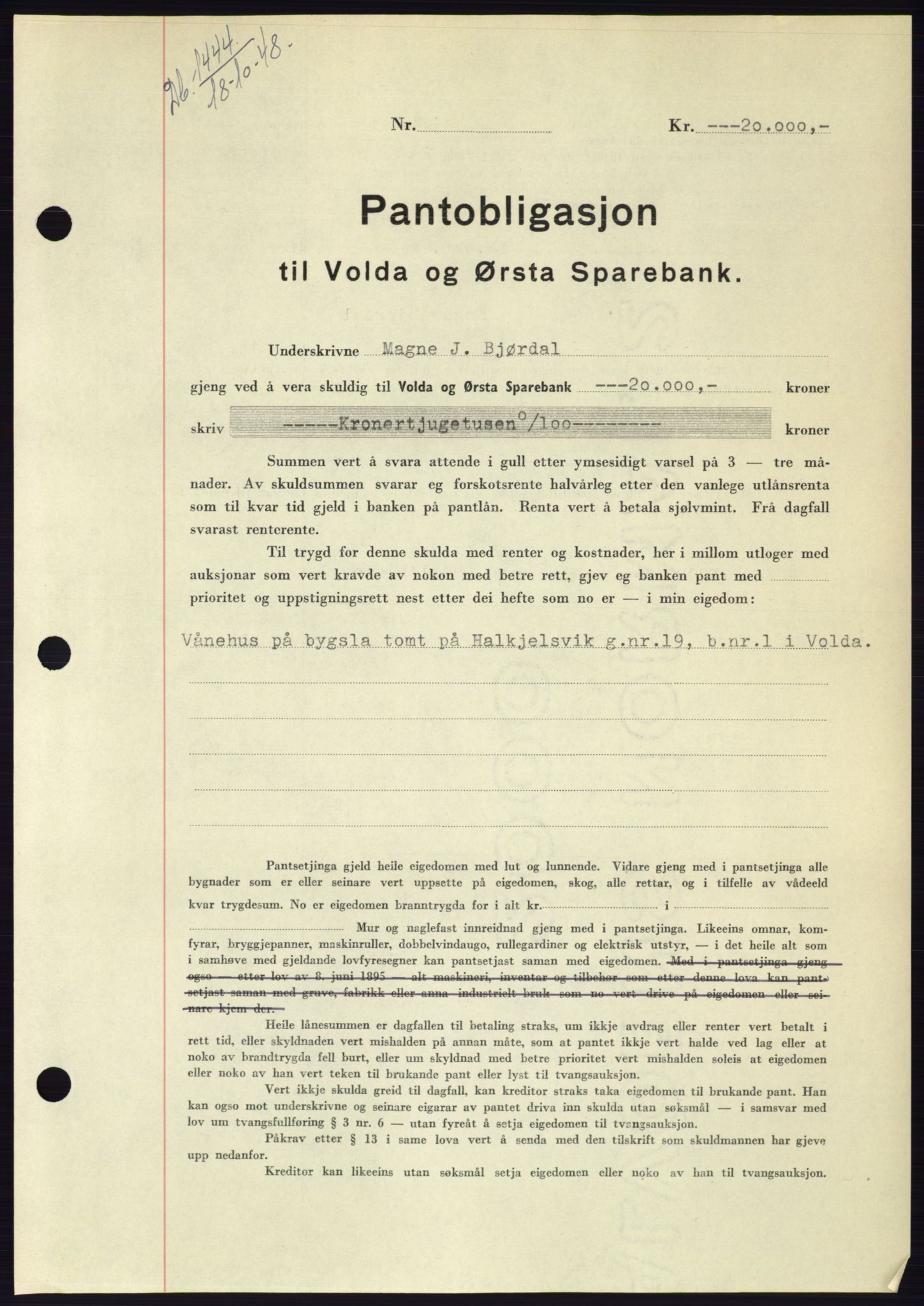 Søre Sunnmøre sorenskriveri, AV/SAT-A-4122/1/2/2C/L0116: Mortgage book no. 4B, 1948-1949, Diary no: : 1444/1948