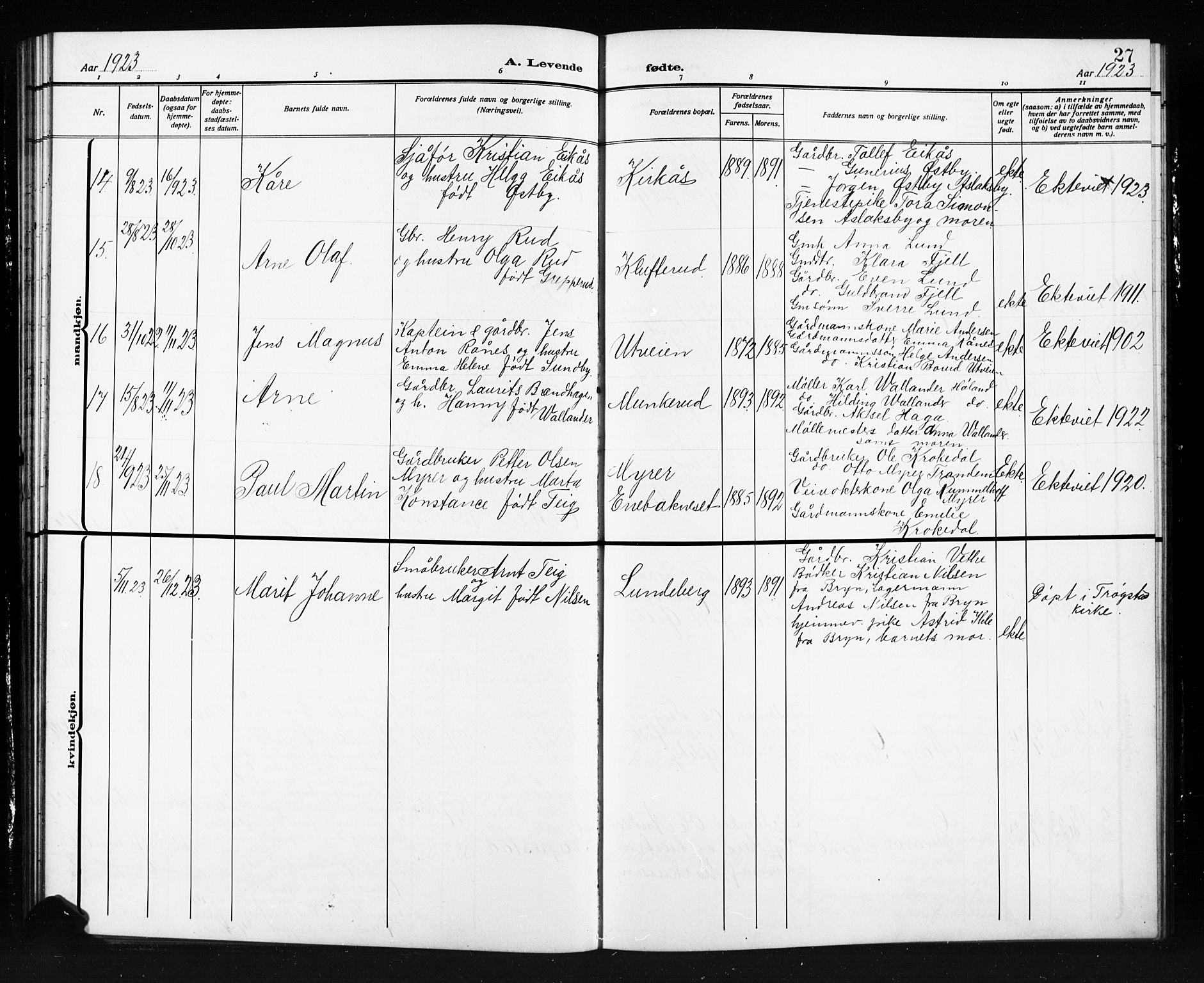 Trøgstad prestekontor Kirkebøker, AV/SAO-A-10925/G/Gb/L0001: Parish register (copy) no. II 1, 1911-1925, p. 27