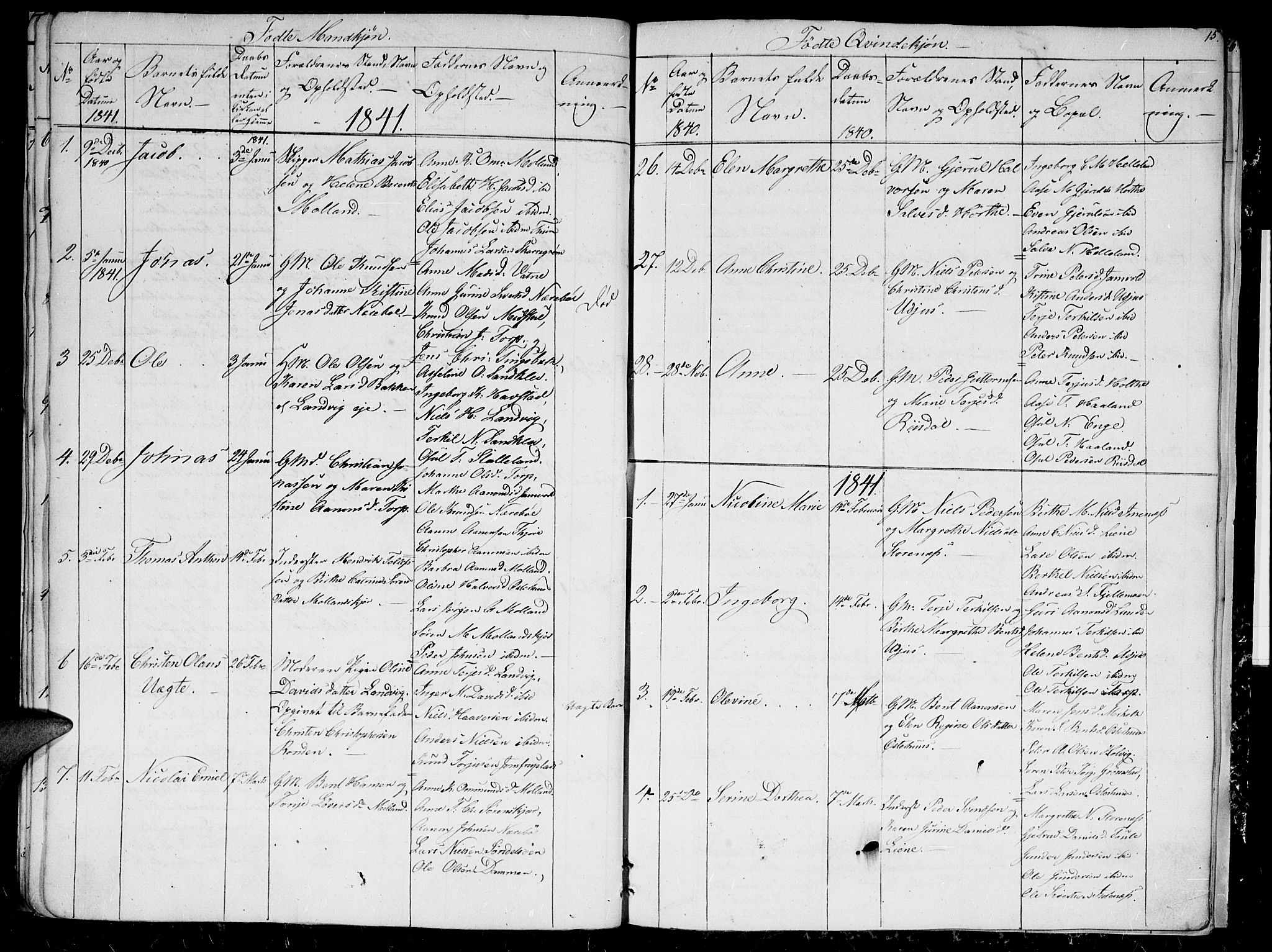 Hommedal sokneprestkontor, AV/SAK-1111-0023/F/Fb/Fbb/L0004: Parish register (copy) no. B 4, 1836-1849, p. 15