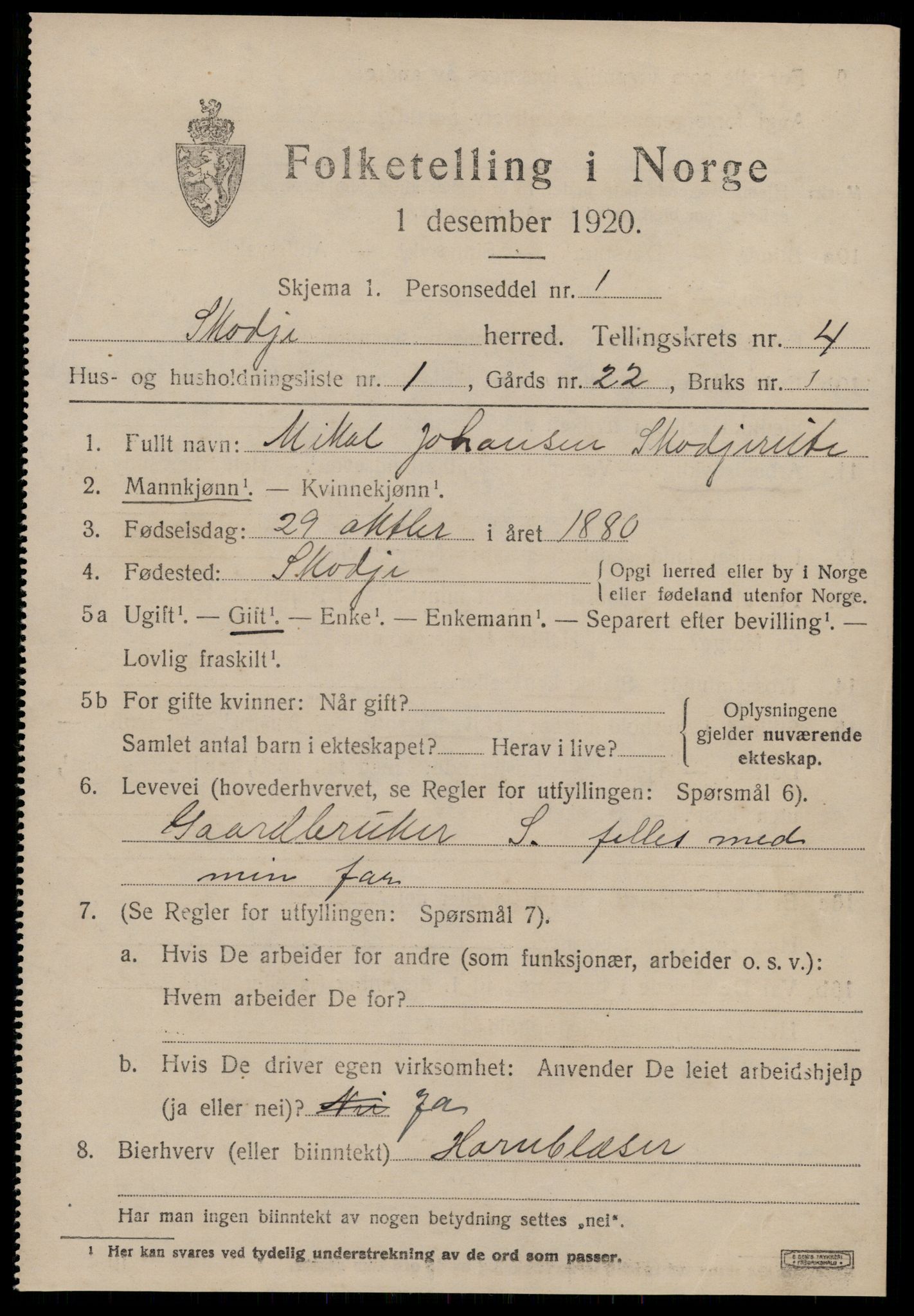 SAT, 1920 census for Skodje, 1920, p. 1823