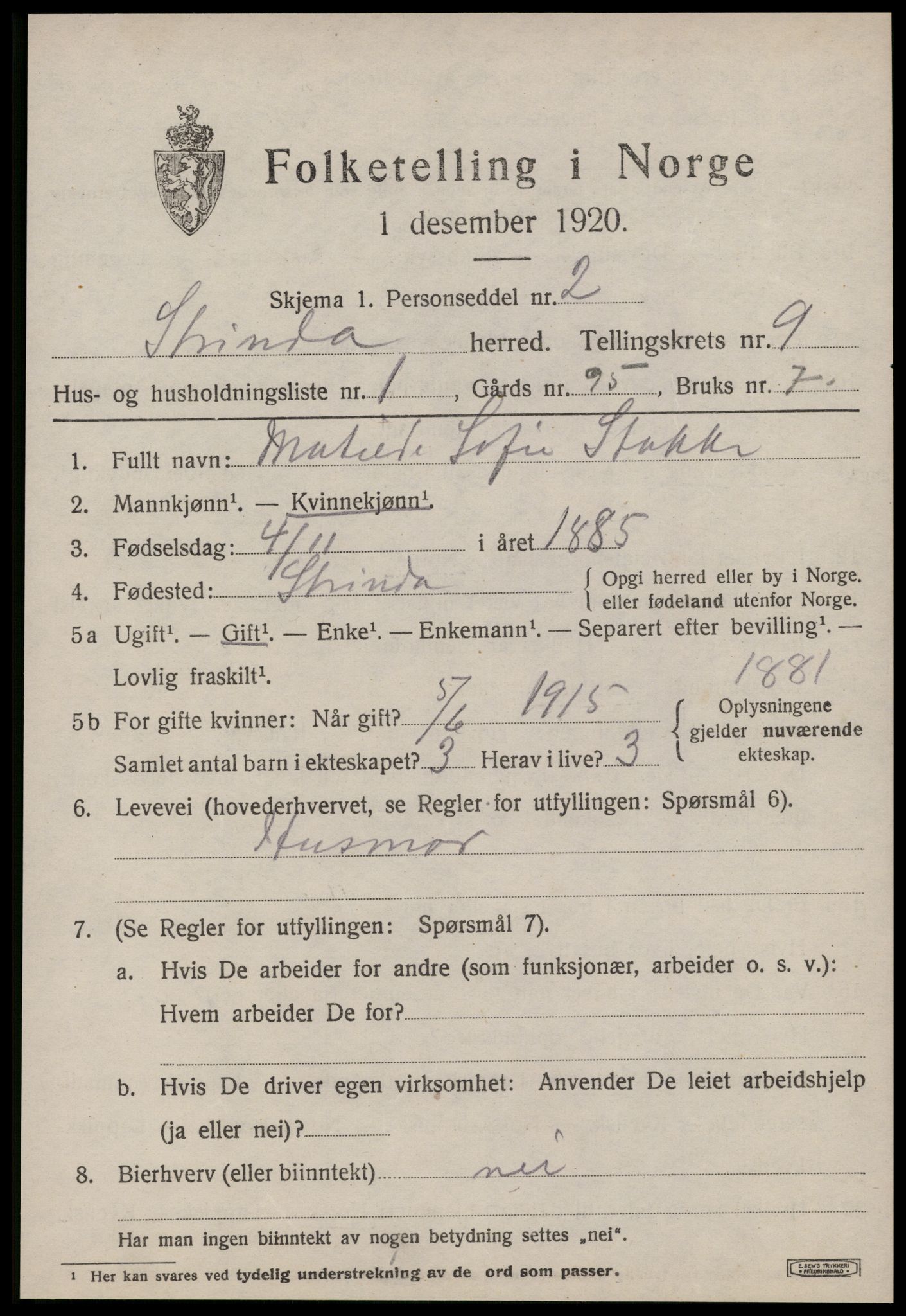 SAT, 1920 census for Strinda, 1920, p. 22220