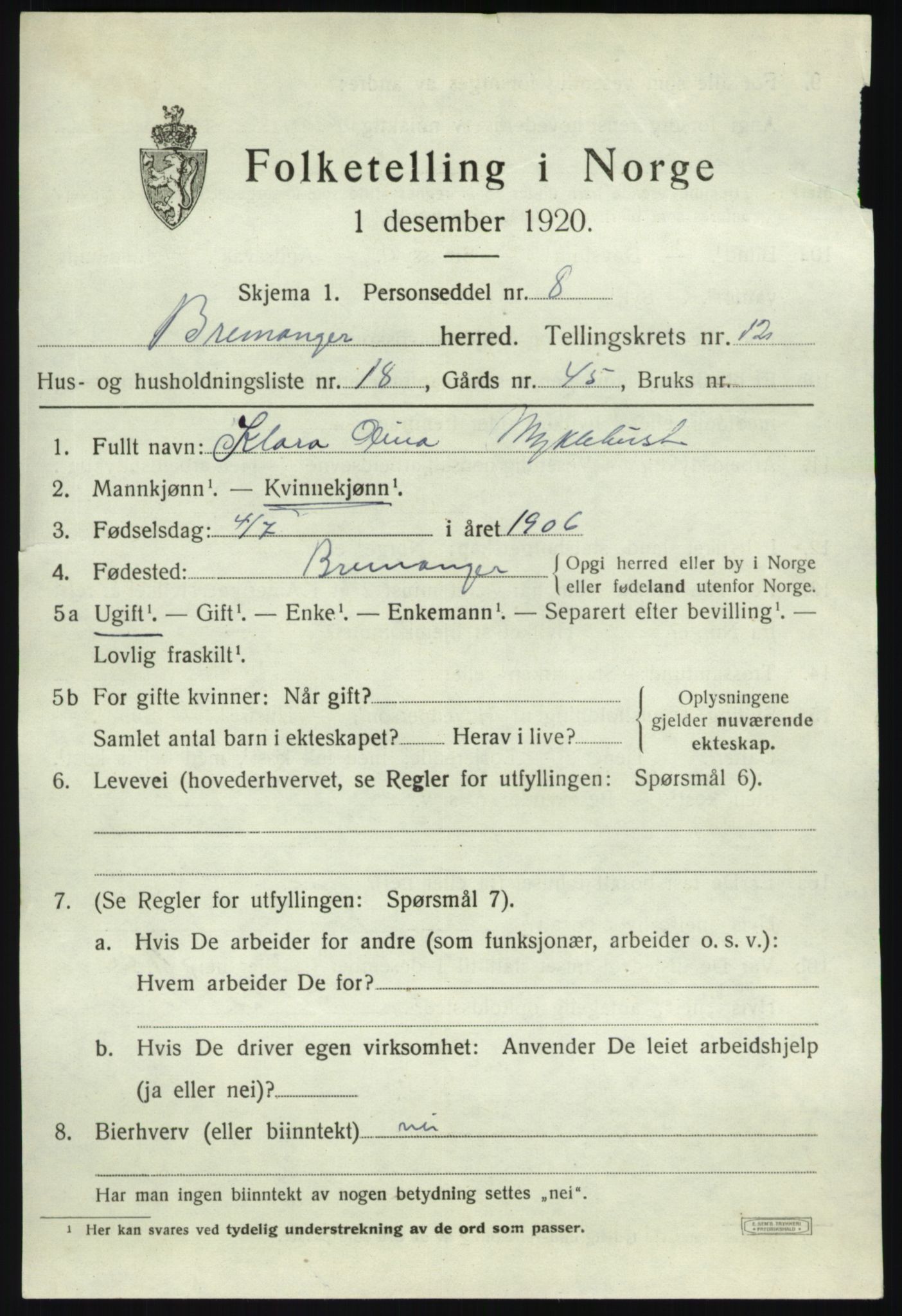 SAB, 1920 census for Bremanger, 1920, p. 6750