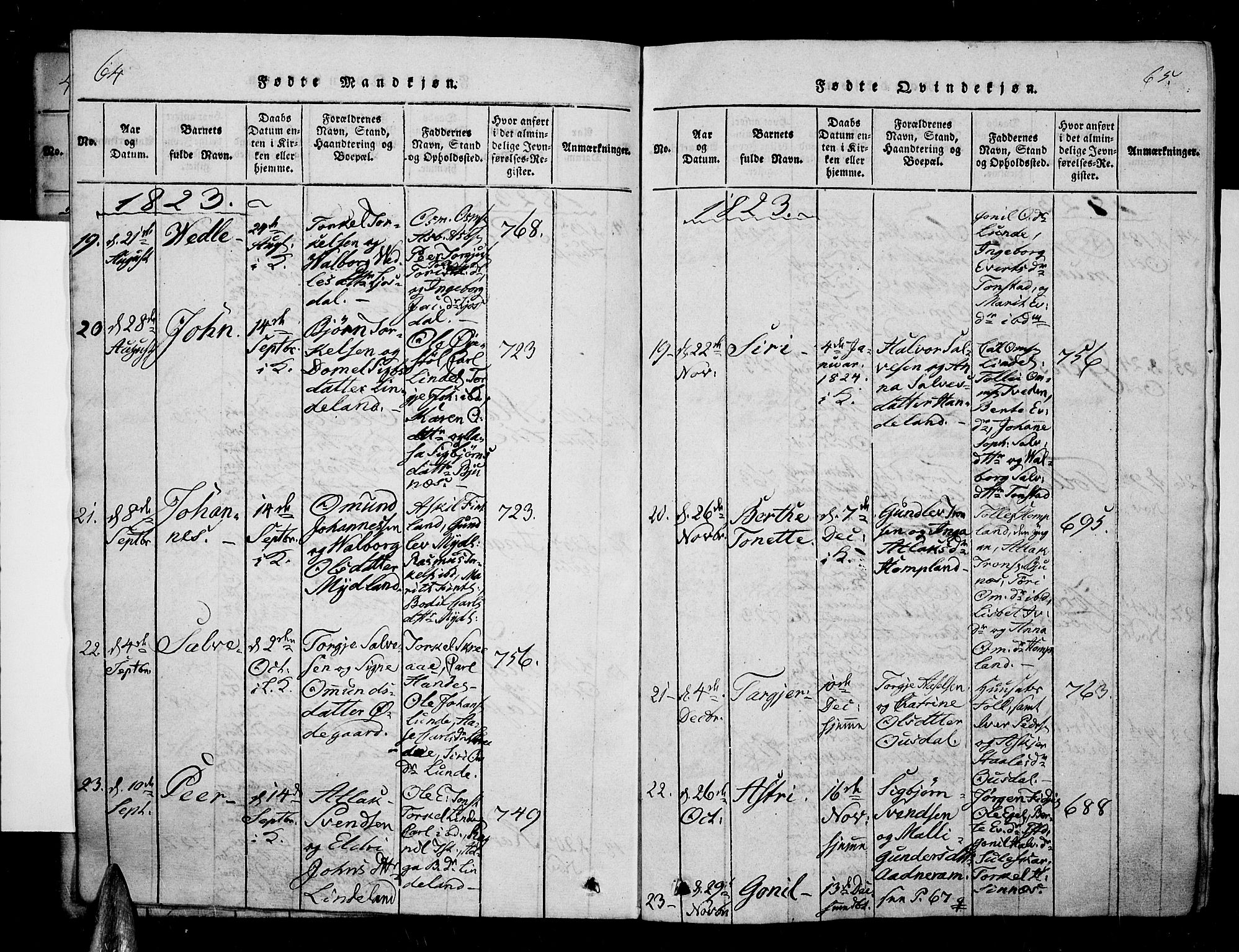 Sirdal sokneprestkontor, AV/SAK-1111-0036/F/Fa/Fab/L0001: Parish register (official) no. A 1, 1815-1834, p. 64-65