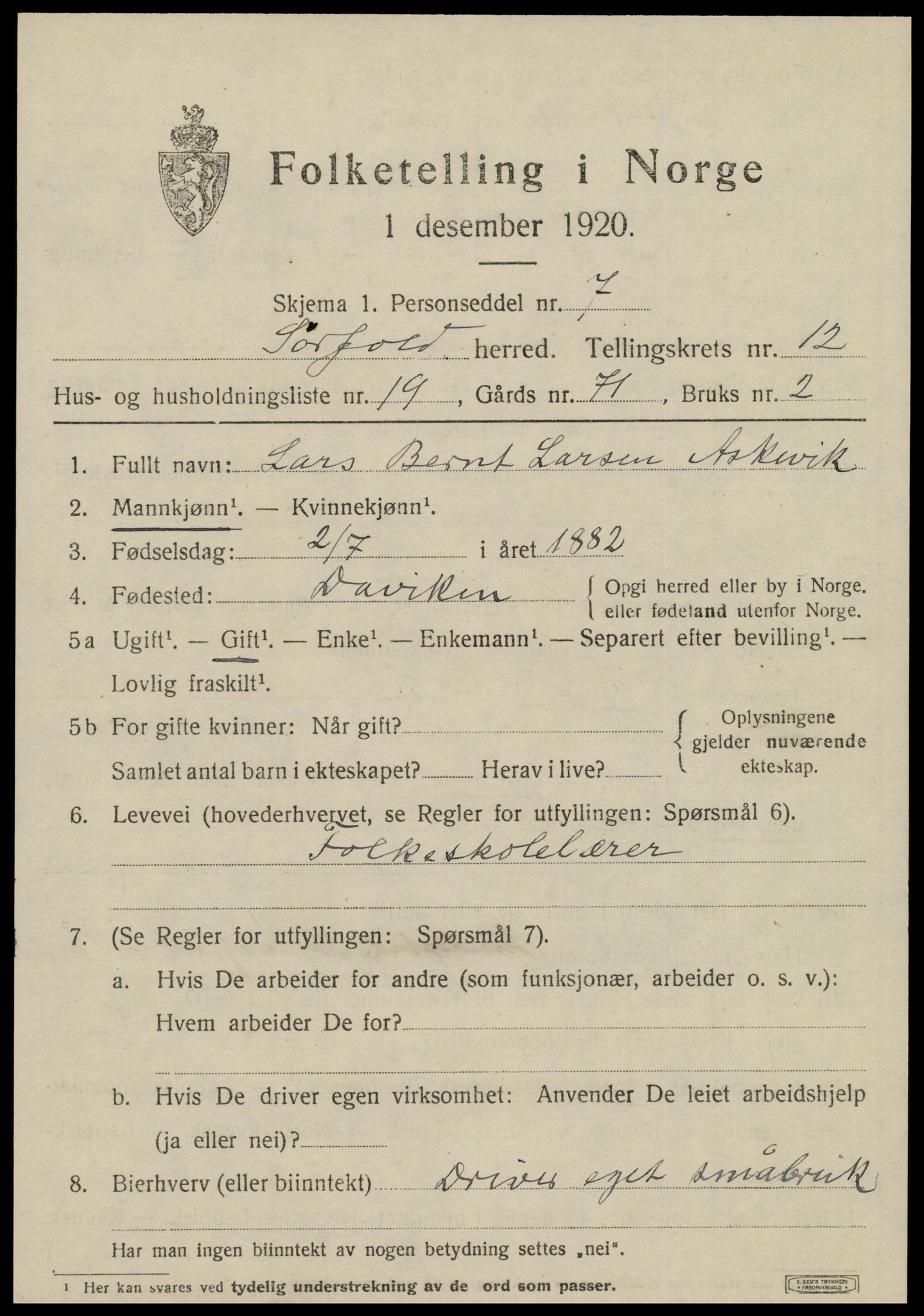 SAT, 1920 census for Sørfold, 1920, p. 6429