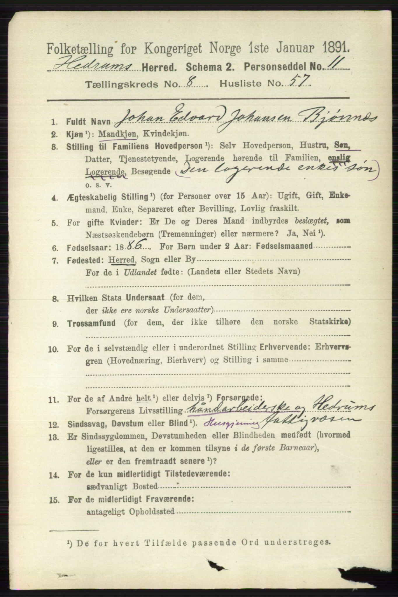 RA, 1891 census for 0727 Hedrum, 1891, p. 3846