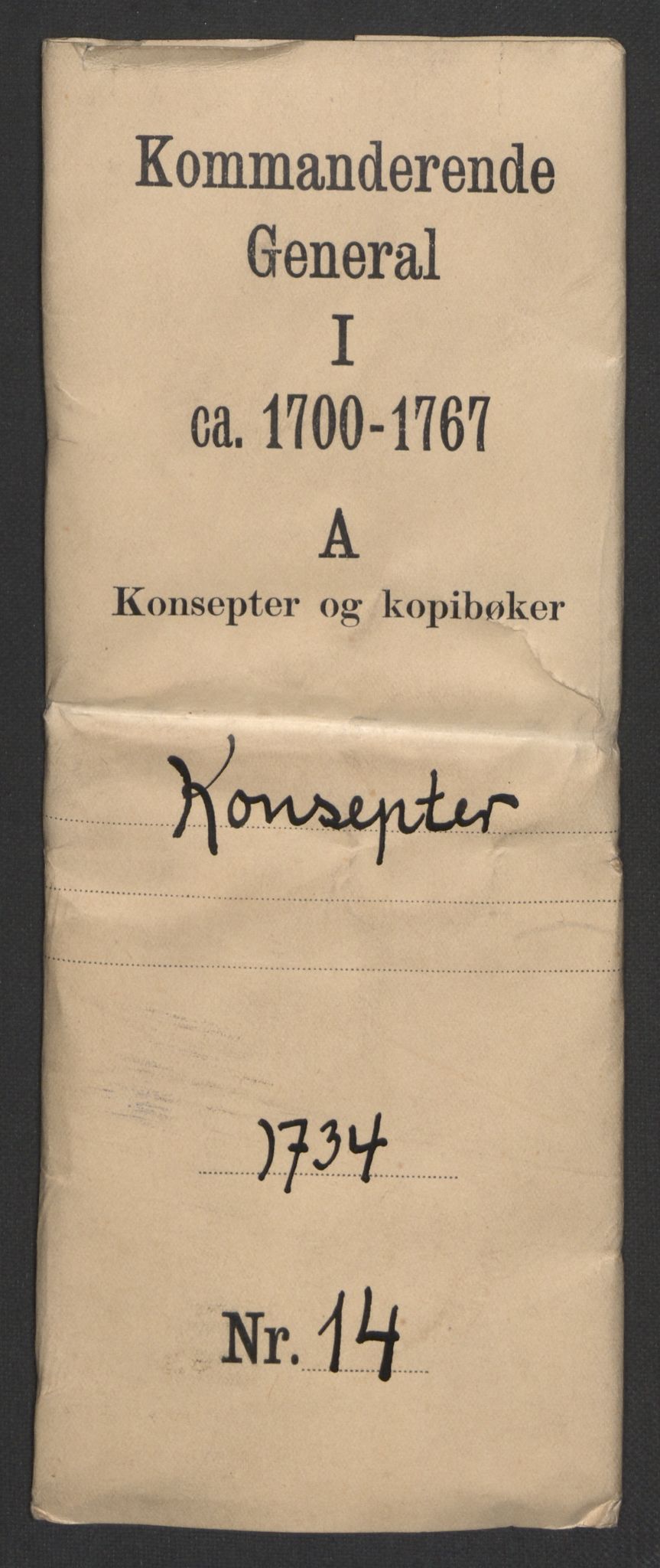 Kommanderende general (KG I) med Det norske krigsdirektorium, AV/RA-EA-5419/B/L0014: Kommanderende generals konsepter, 1734