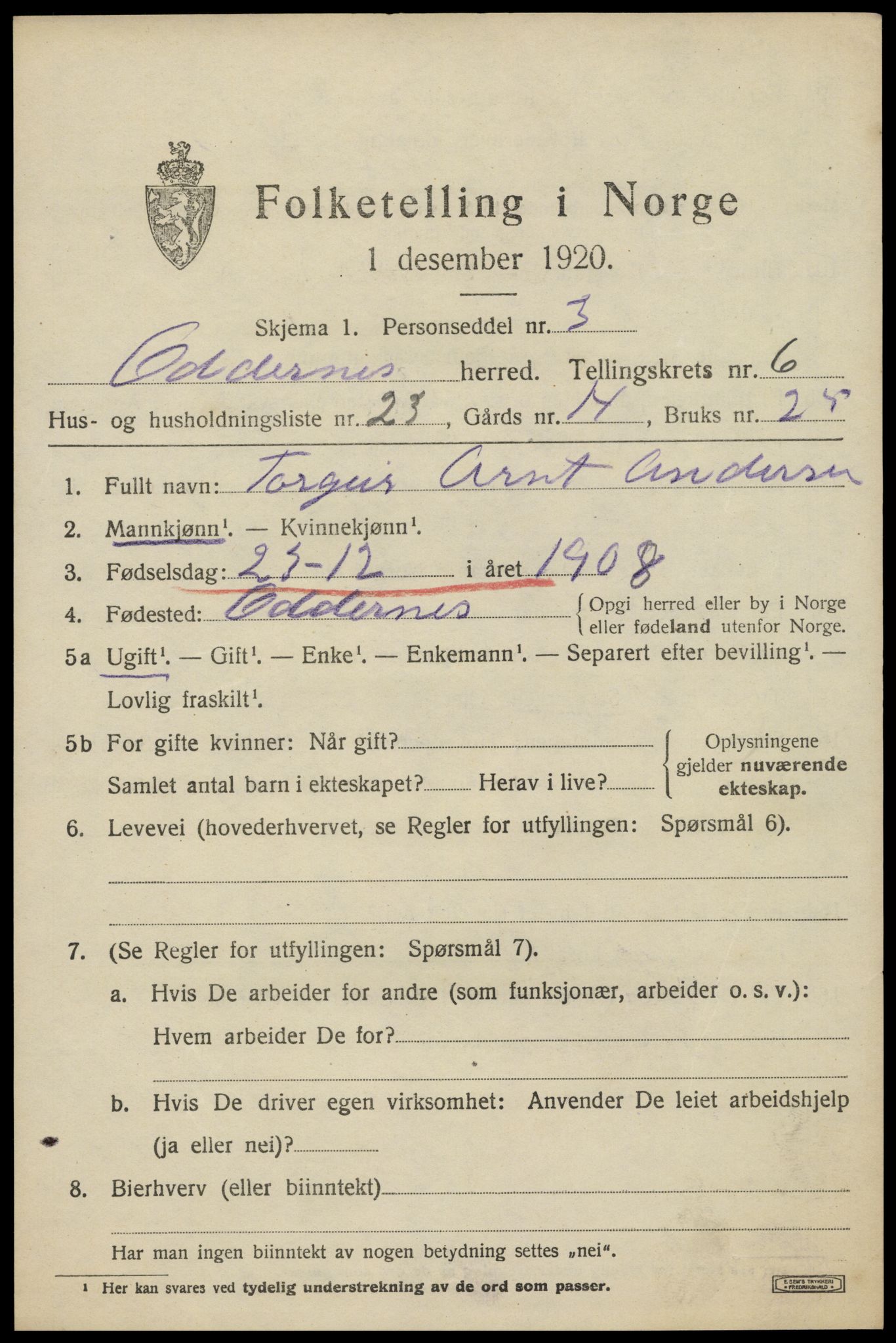 SAK, 1920 census for Oddernes, 1920, p. 5165