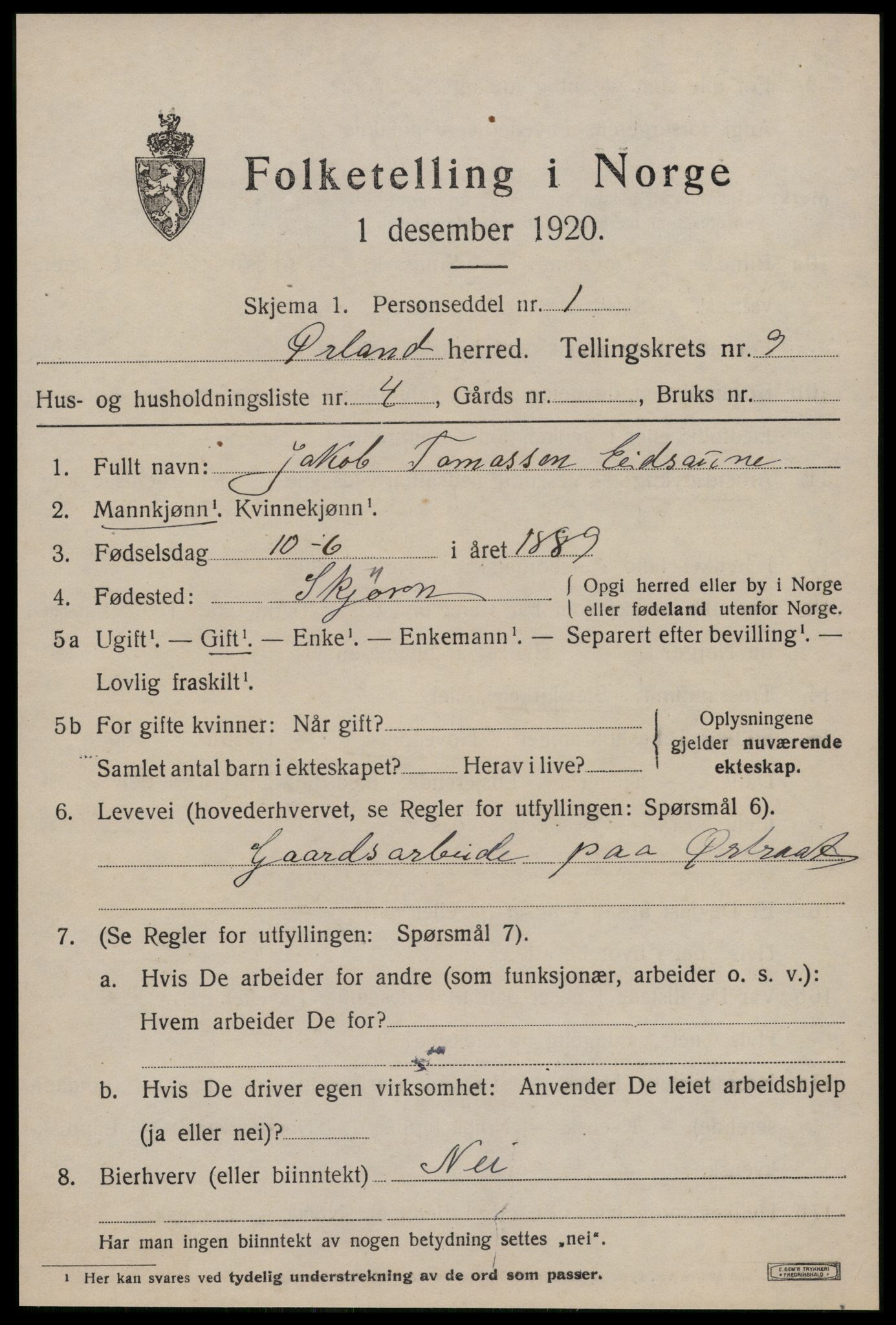 SAT, 1920 census for Ørland, 1920, p. 7869