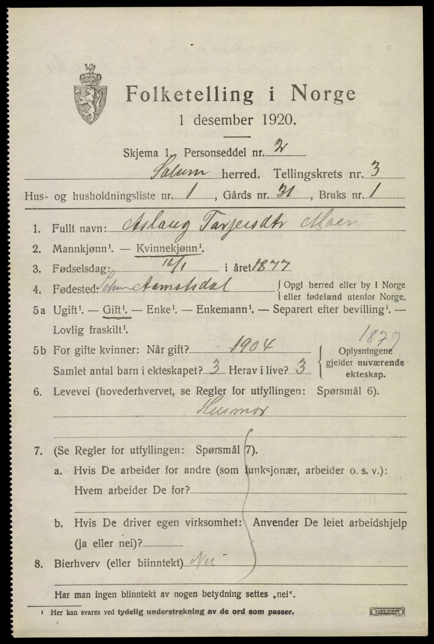 SAKO, 1920 census for Solum, 1920, p. 7680