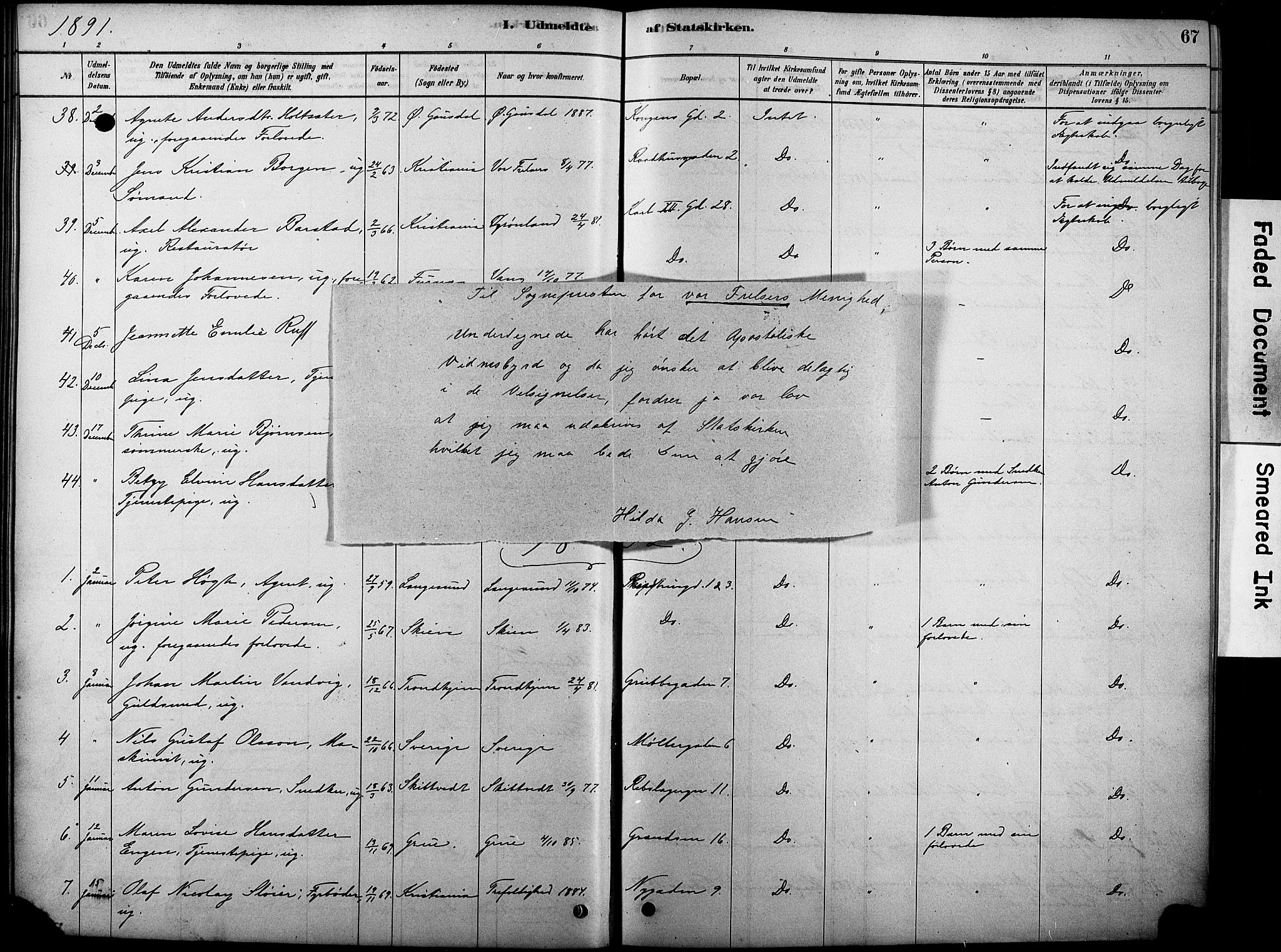 Oslo domkirke Kirkebøker, SAO/A-10752/F/Fa/L0038: Parish register (official) no. 38, 1878-1921, p. 67