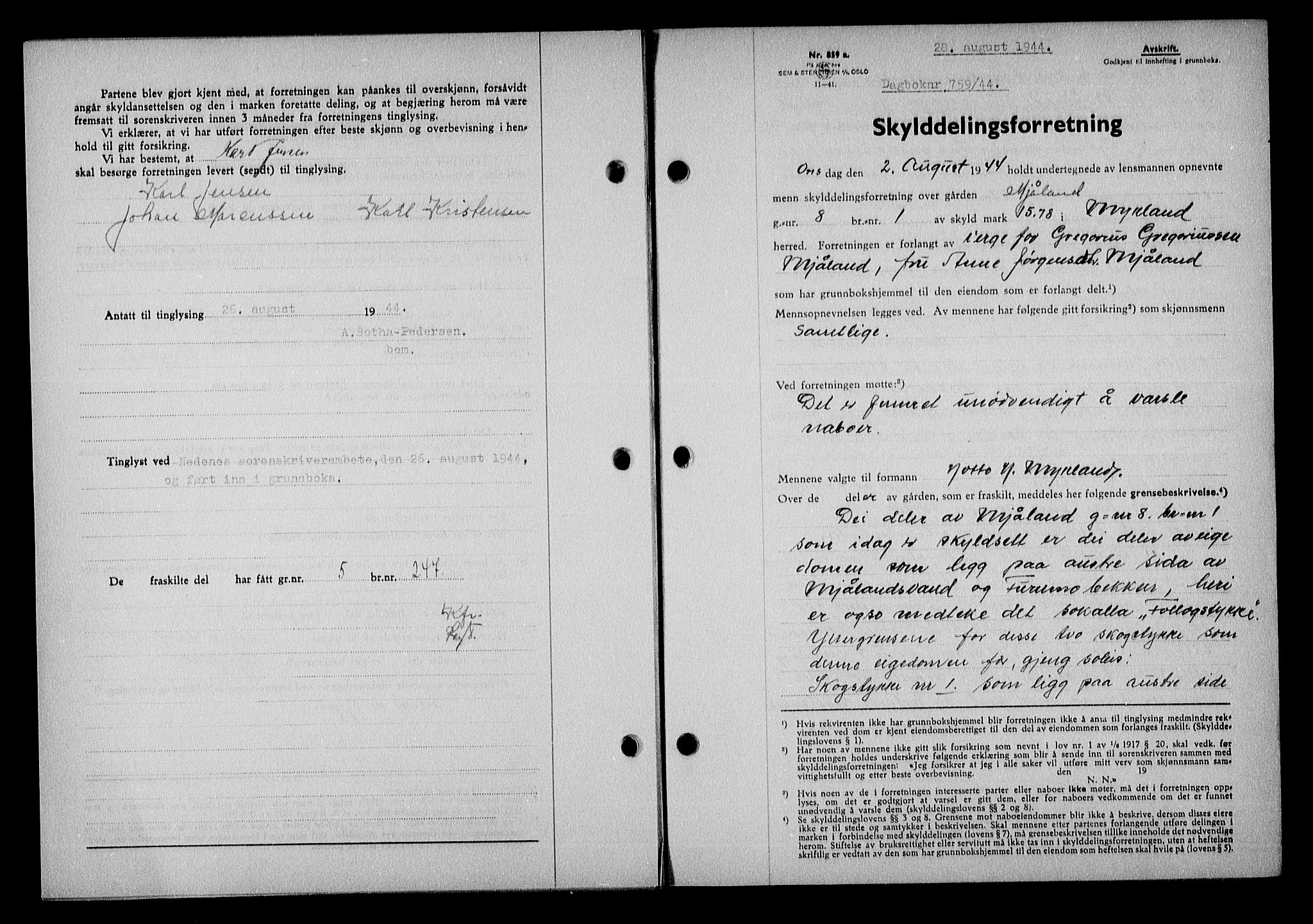 Nedenes sorenskriveri, SAK/1221-0006/G/Gb/Gba/L0051: Mortgage book no. A-V, 1943-1944, Diary no: : 759/1944