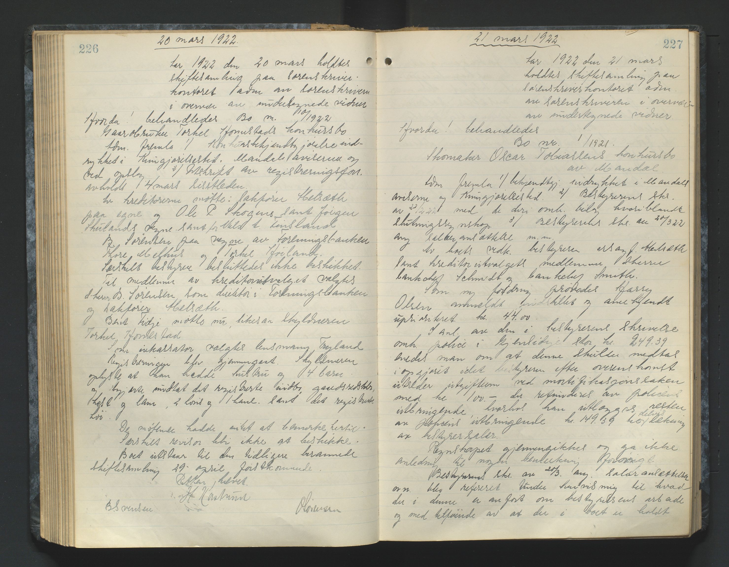 Mandal sorenskriveri, AV/SAK-1221-0005/001/H/Hc/L0084: Skifteforhandlingsprotokoll nr 16, 1921-1924, p. 226-227