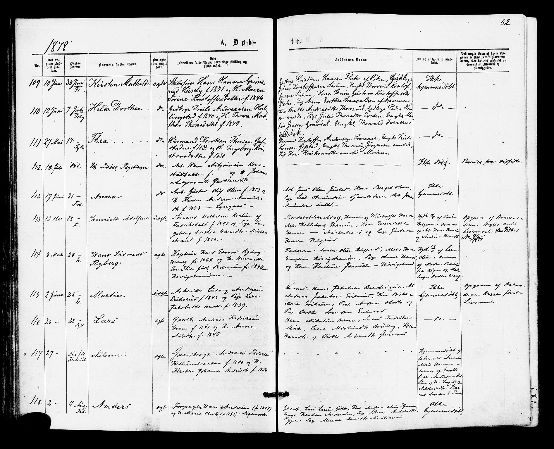 Lier kirkebøker, SAKO/A-230/F/Fa/L0014: Parish register (official) no. I 14, 1875-1882, p. 62