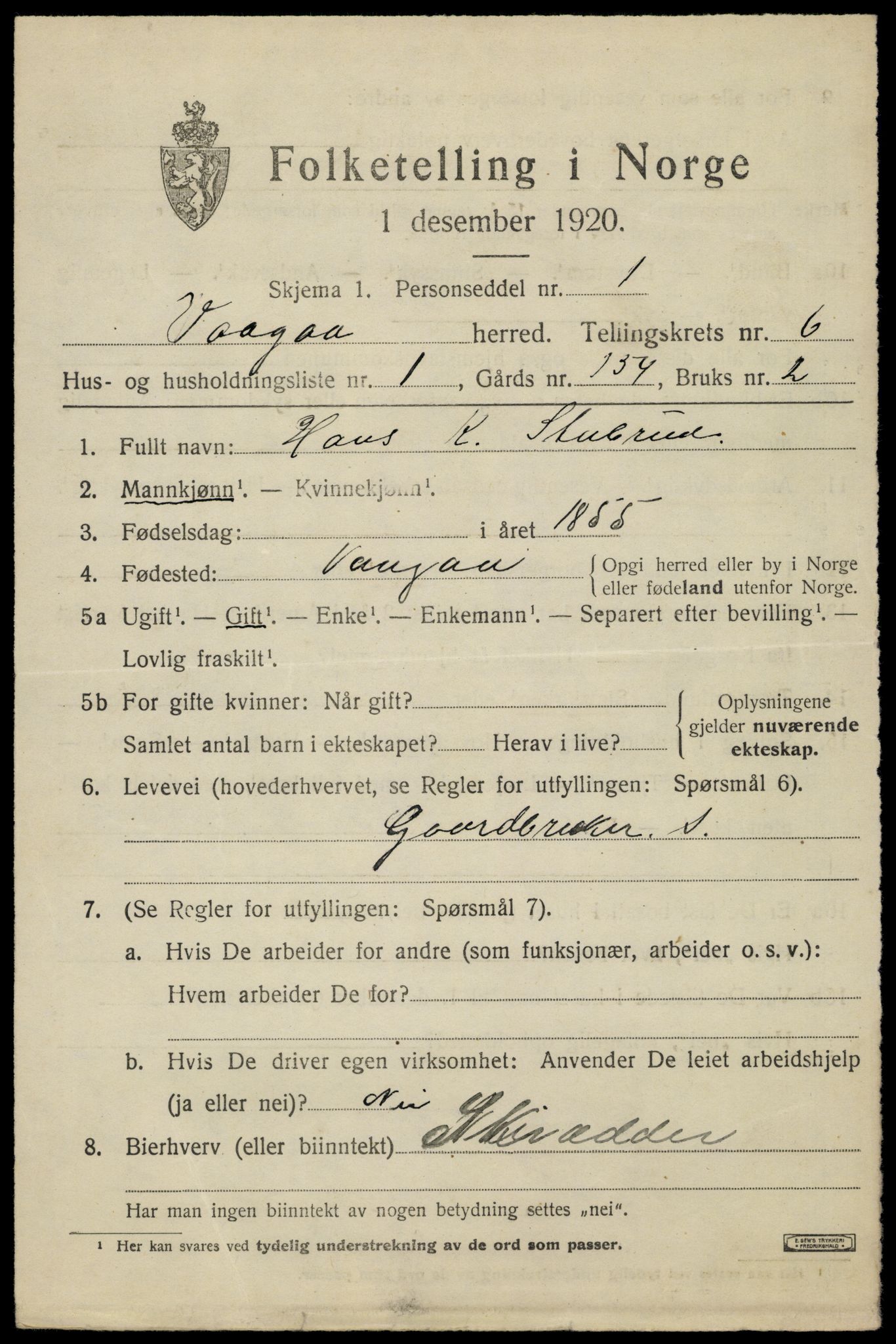 SAH, 1920 census for Vågå, 1920, p. 4700
