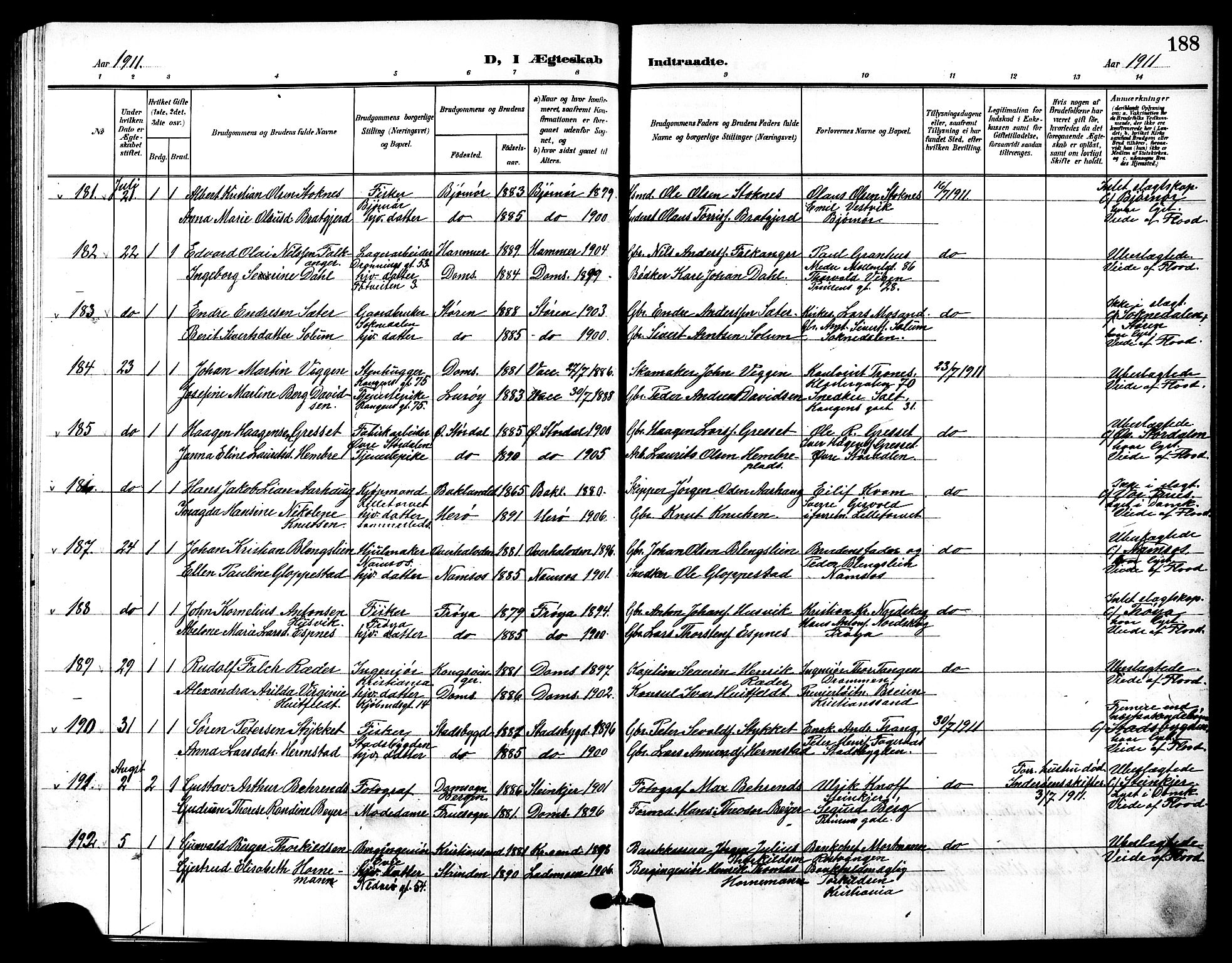 Ministerialprotokoller, klokkerbøker og fødselsregistre - Sør-Trøndelag, SAT/A-1456/601/L0095: Parish register (copy) no. 601C13, 1902-1911, p. 188