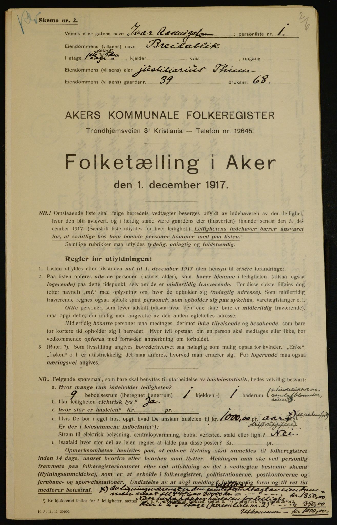 OBA, Municipal Census 1917 for Aker, 1917, p. 6477