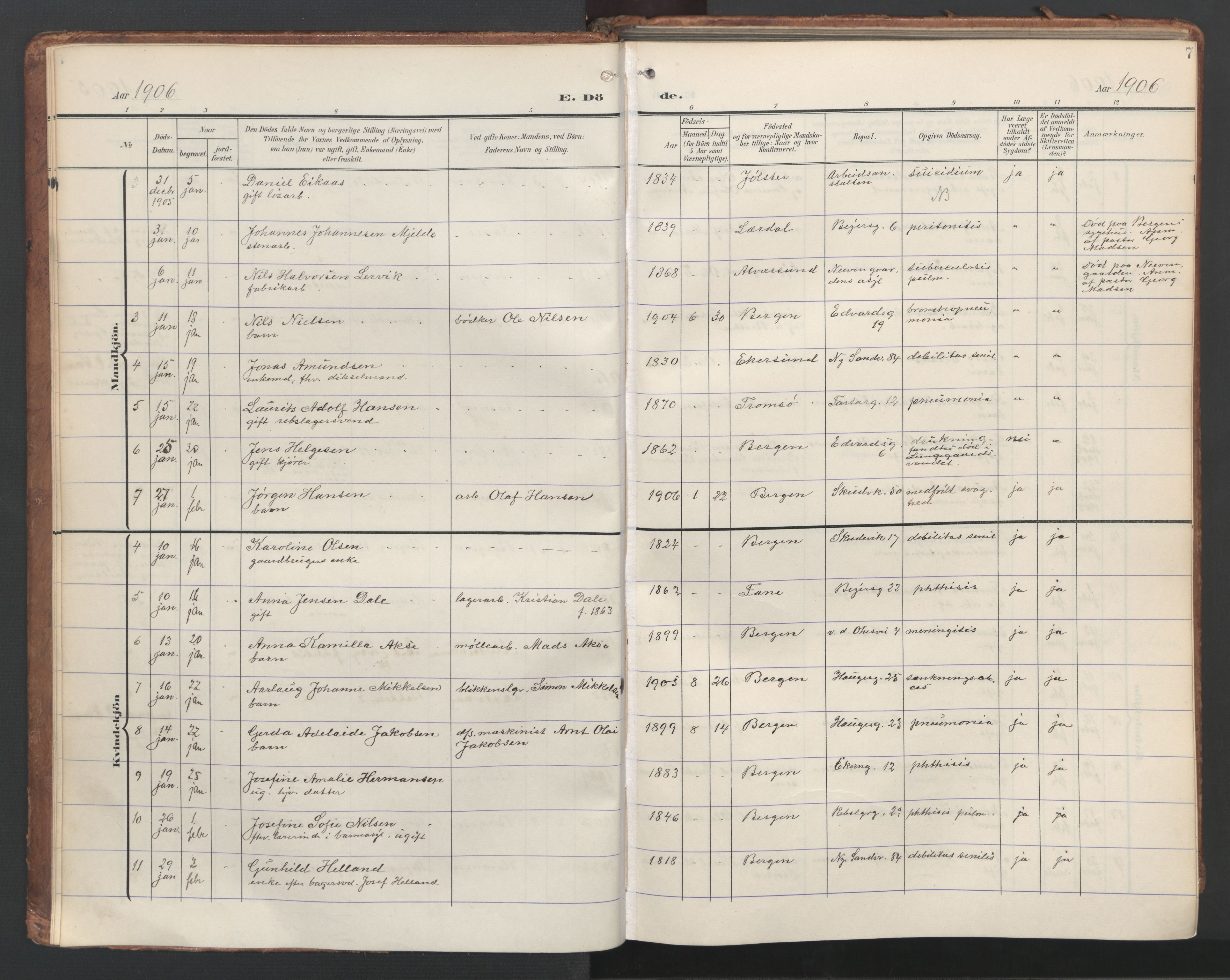 Sandviken Sokneprestembete, AV/SAB-A-77601/H/Ha/L0019: Parish register (official) no. E 2, 1905-1933, p. 7