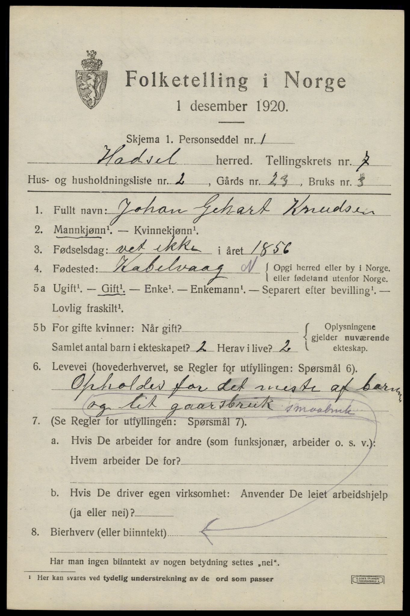 SAT, 1920 census for Hadsel, 1920, p. 6892