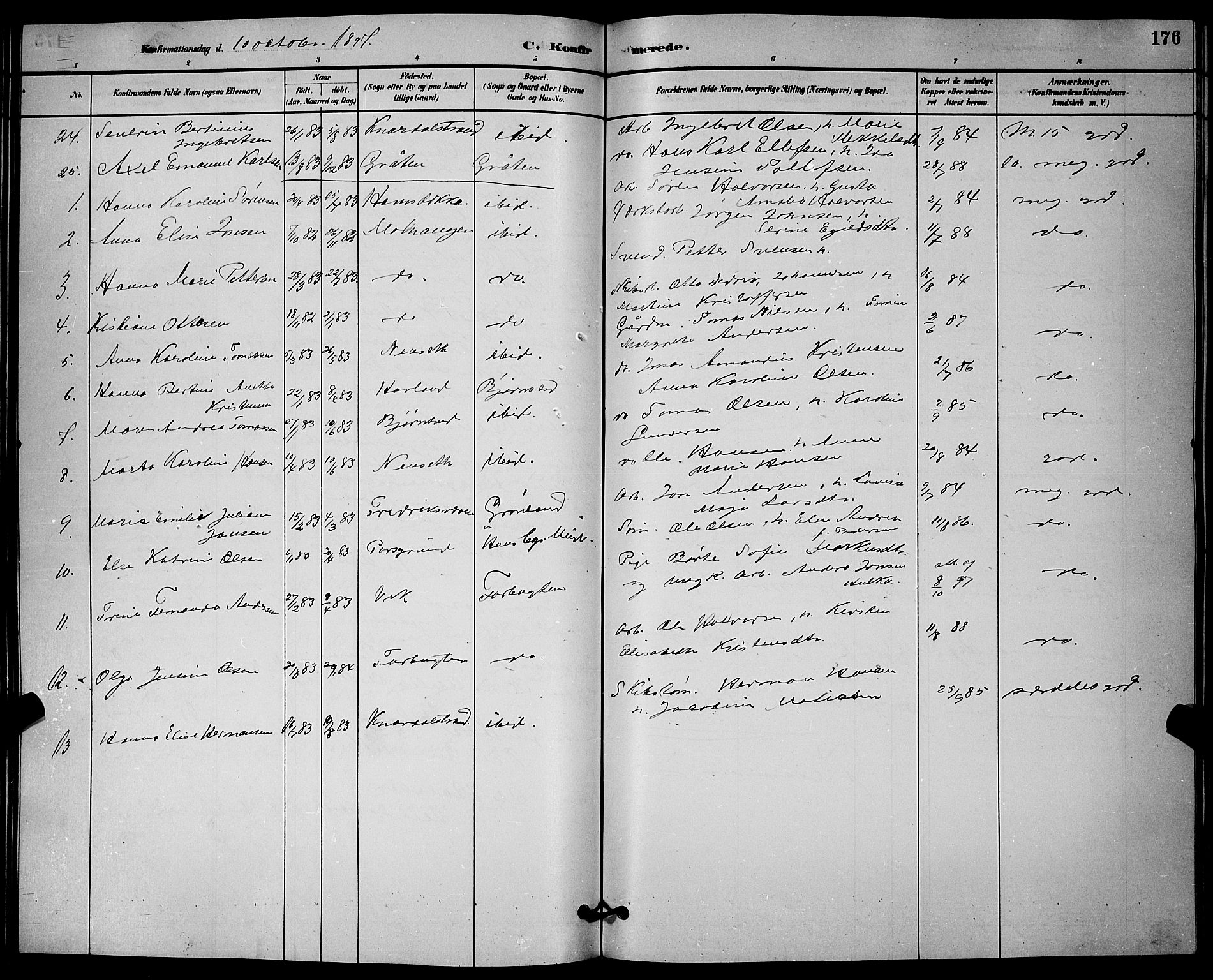 Solum kirkebøker, SAKO/A-306/G/Ga/L0007: Parish register (copy) no. I 7, 1884-1898, p. 176