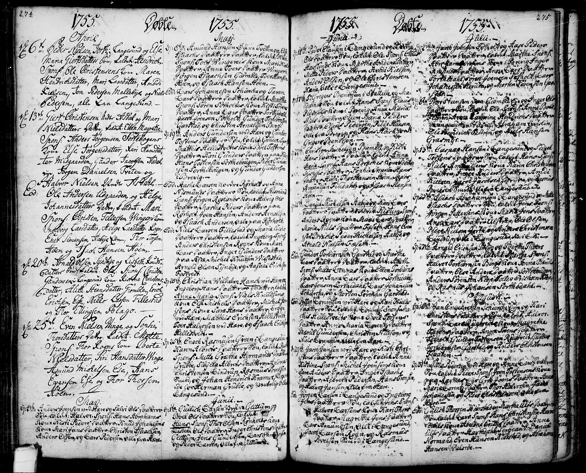 Bamble kirkebøker, SAKO/A-253/F/Fa/L0001: Parish register (official) no. I 1, 1702-1774, p. 274-275