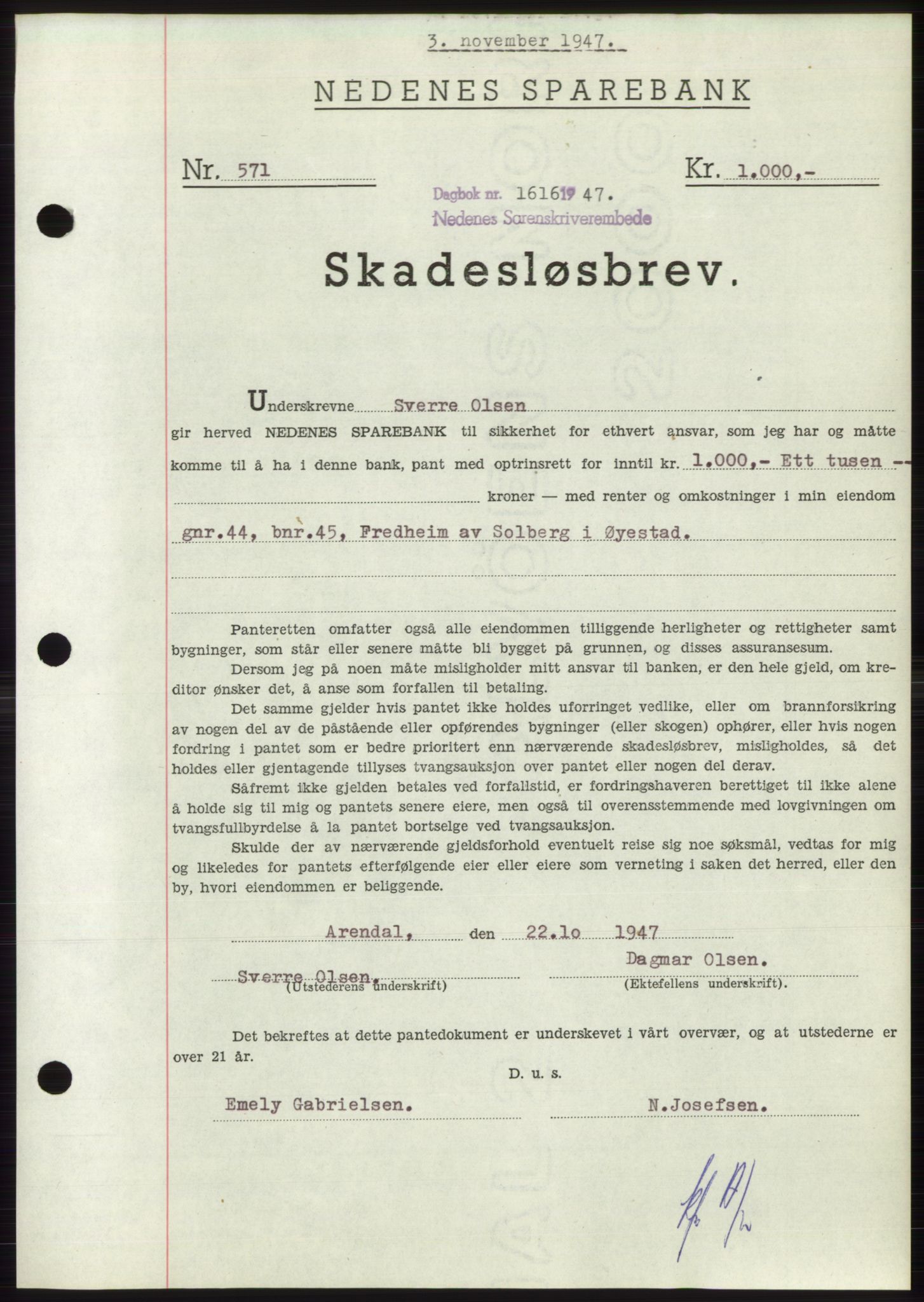 Nedenes sorenskriveri, AV/SAK-1221-0006/G/Gb/Gbb/L0004: Mortgage book no. B4, 1947-1947, Diary no: : 1616/1947