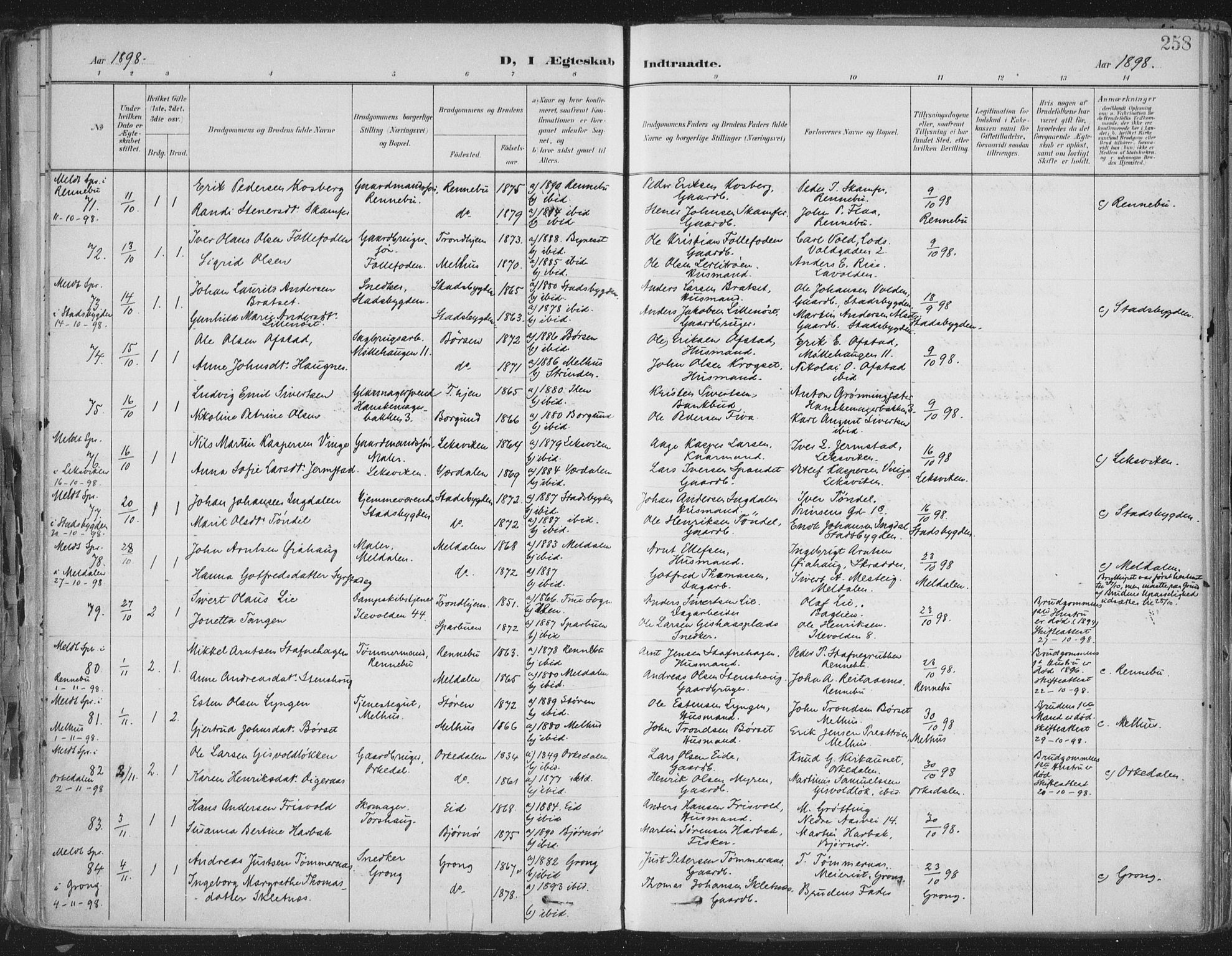 Ministerialprotokoller, klokkerbøker og fødselsregistre - Sør-Trøndelag, AV/SAT-A-1456/603/L0167: Parish register (official) no. 603A06, 1896-1932, p. 258