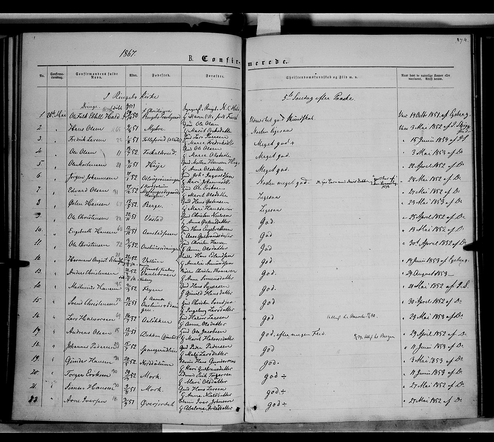 Ringebu prestekontor, SAH/PREST-082/H/Ha/Haa/L0007: Parish register (official) no. 7, 1860-1877, p. 174