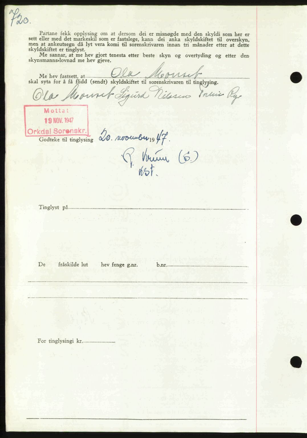 Orkdal sorenskriveri, AV/SAT-A-4169/1/2/2C: Mortgage book no. A, 1947-1947, Diary no: : 1498/1947