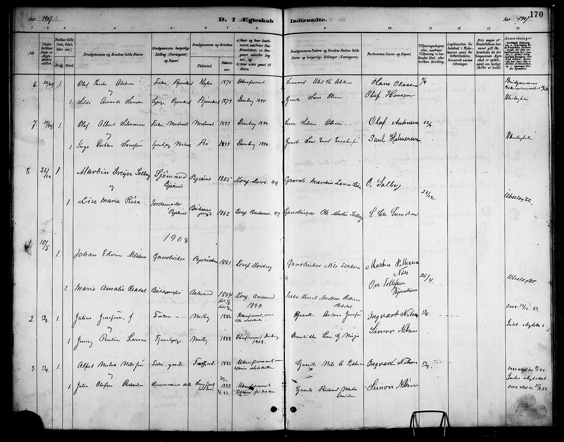 Ministerialprotokoller, klokkerbøker og fødselsregistre - Nordland, AV/SAT-A-1459/898/L1427: Parish register (copy) no. 898C02, 1887-1917, p. 170