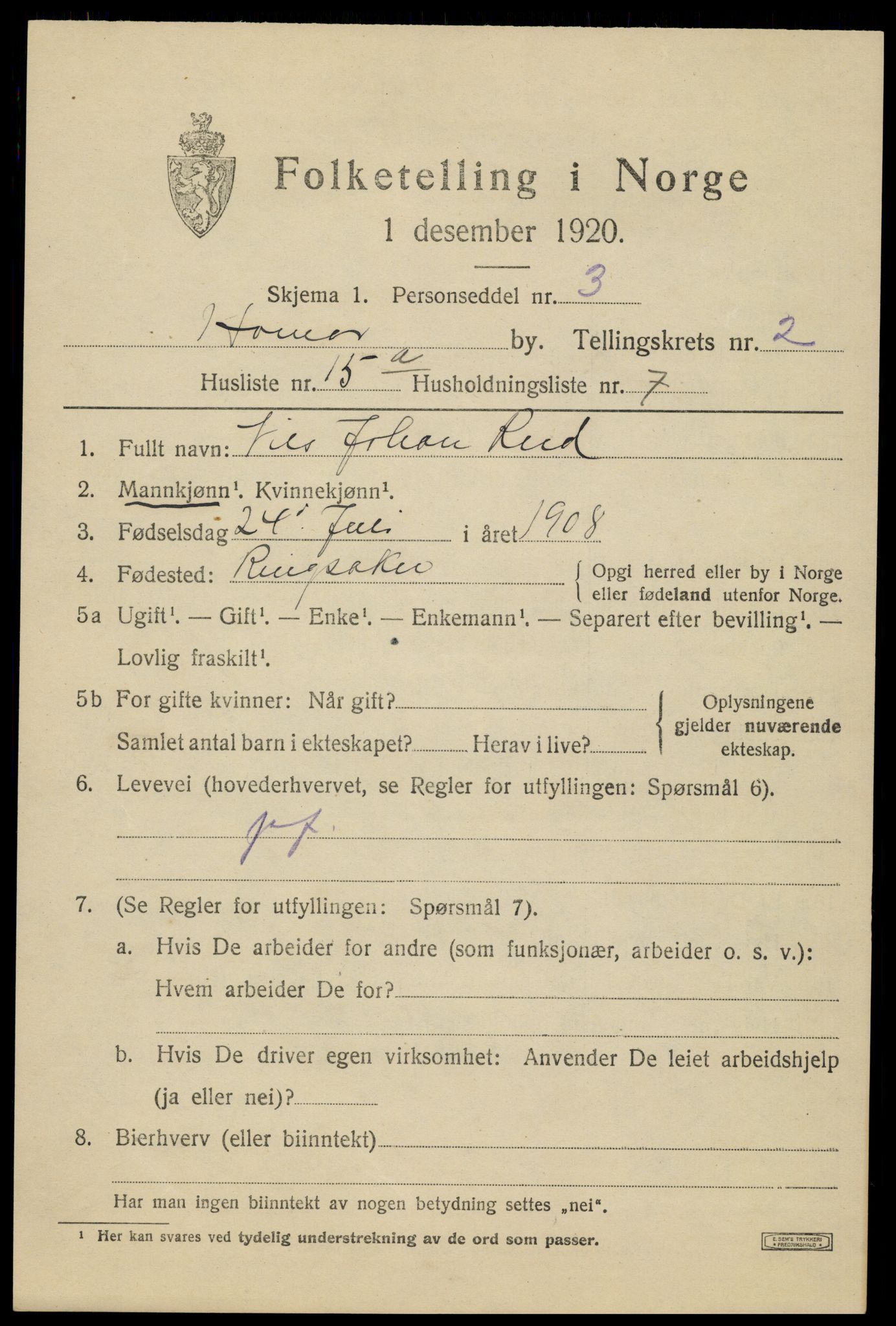 SAH, 1920 census for Hamar, 1920, p. 6263